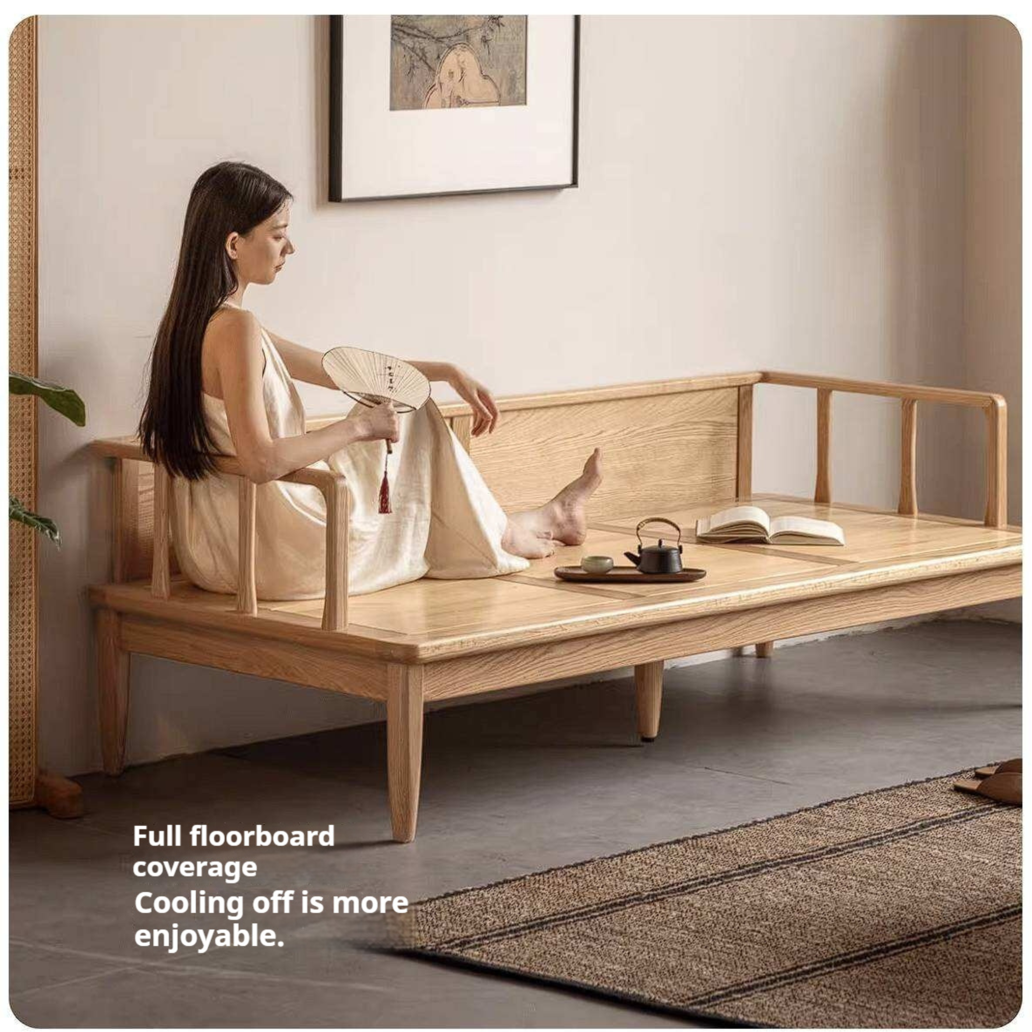 Oak Solid Wood Daybed Sofa with Removable Linen Cushions
