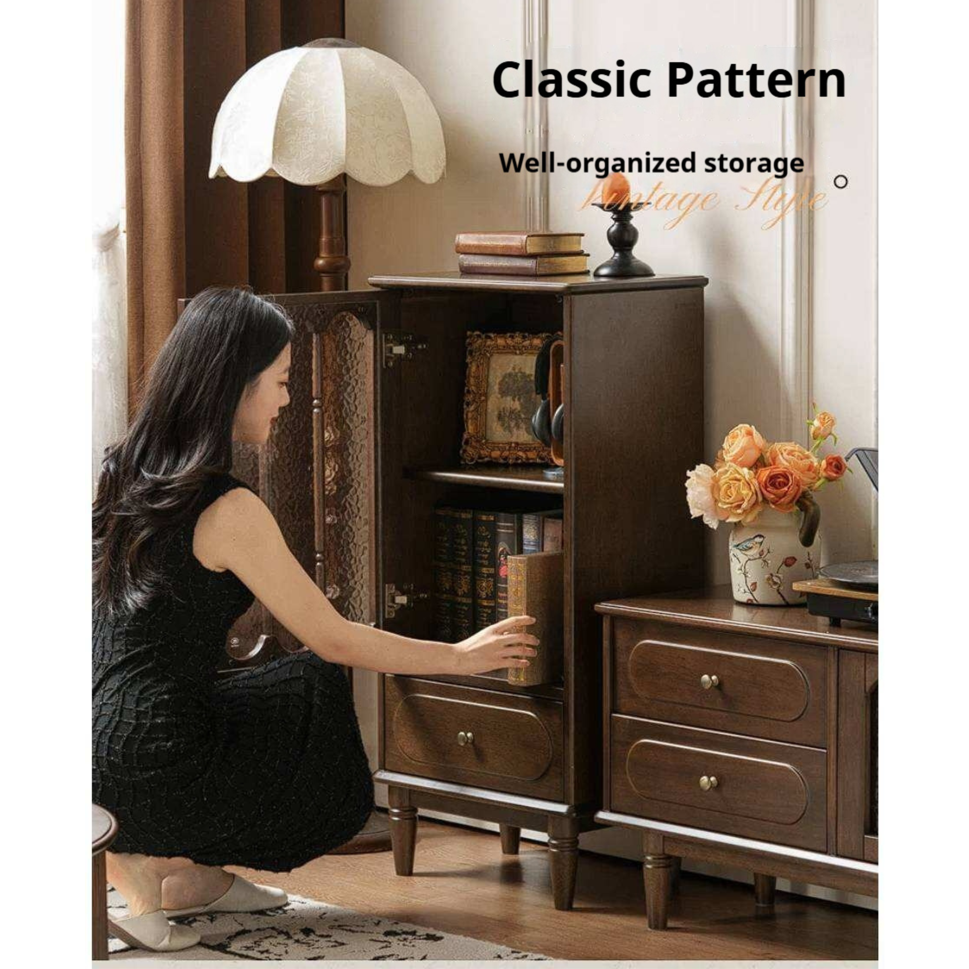 Golden Pearwood Solid Wood Side Cabinet French Retro Design