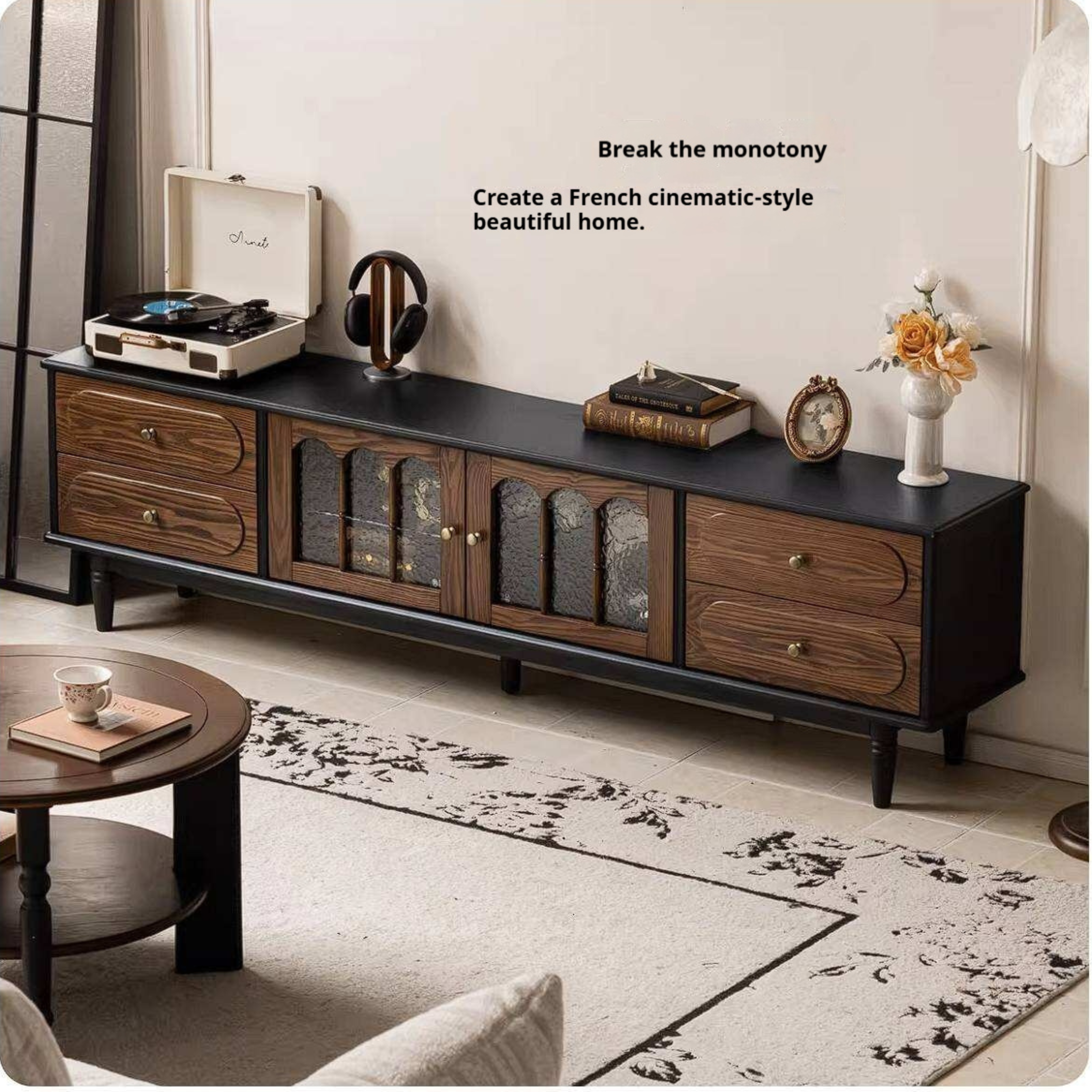 Ash Solid Wood TV Cabinet with Tall Storage and French Retro Design