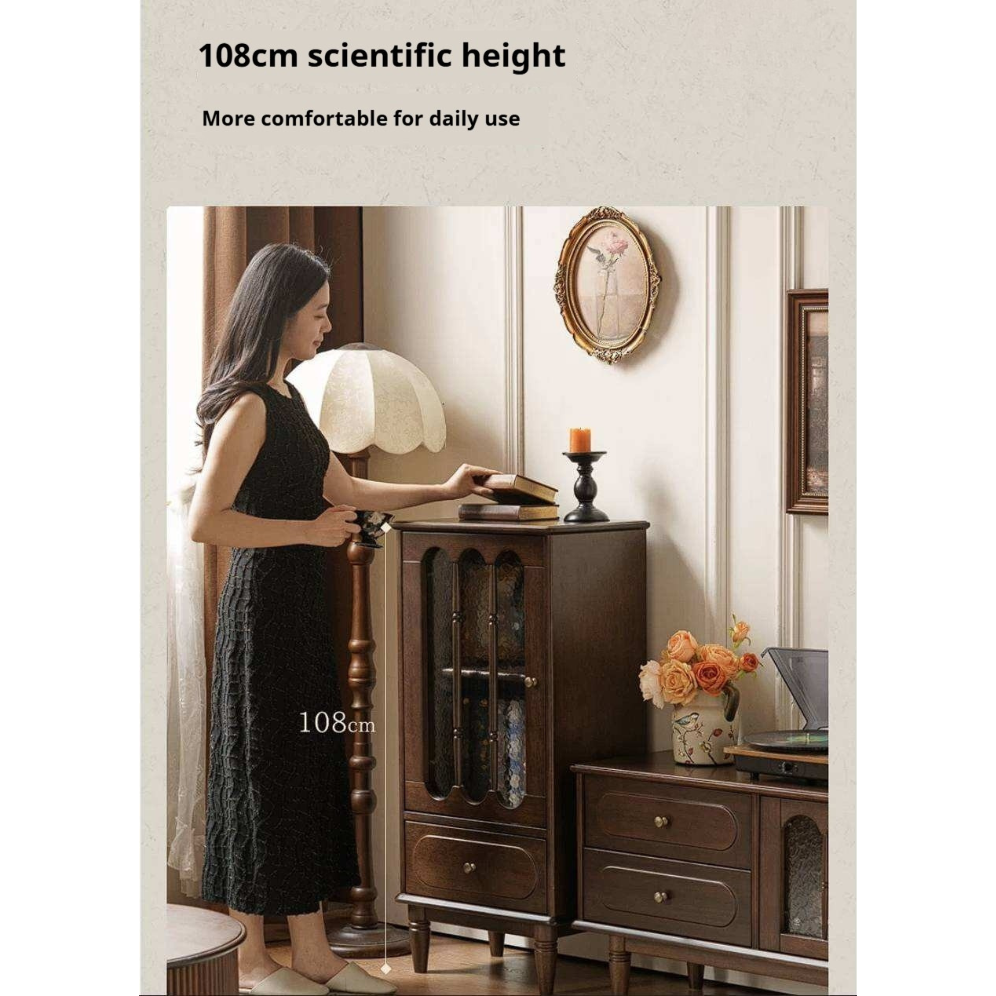 Golden Pearwood Solid Wood Side Cabinet French Retro Design