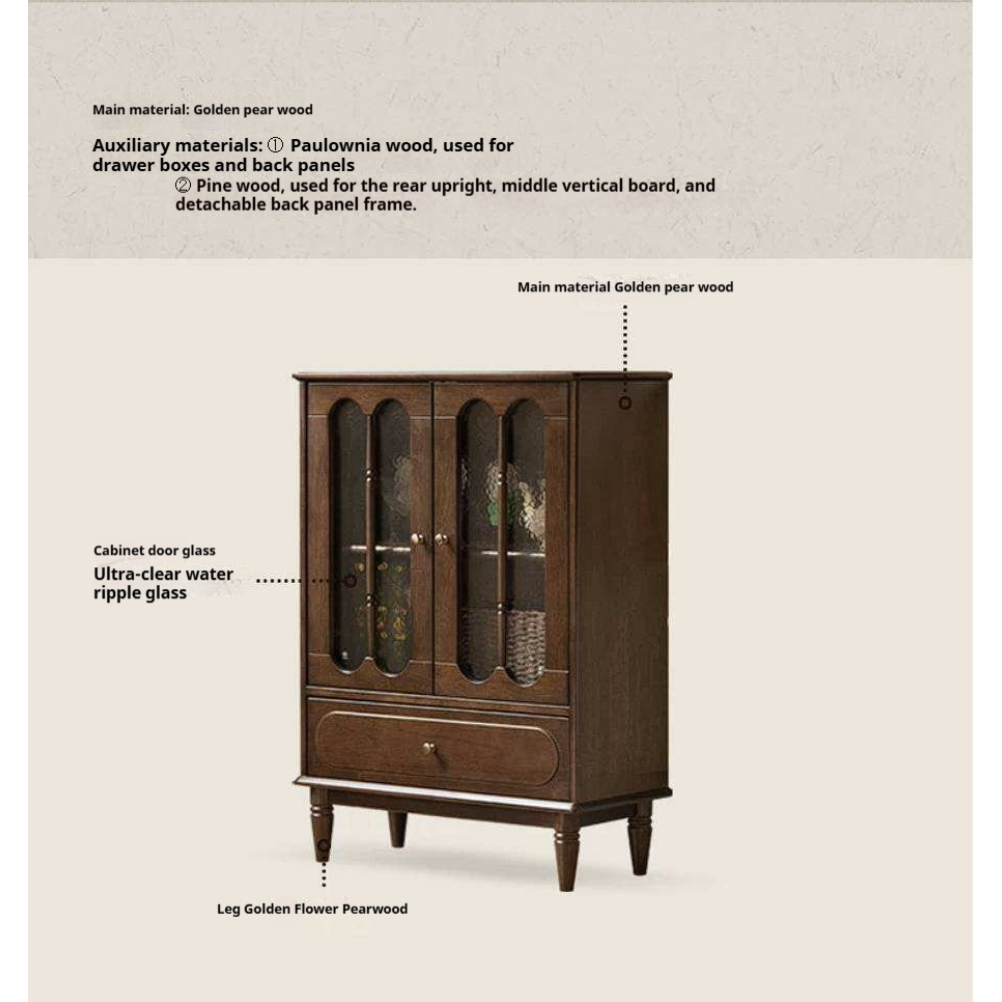 Golden Pearwood Solid Wood Side Cabinet French Retro Design