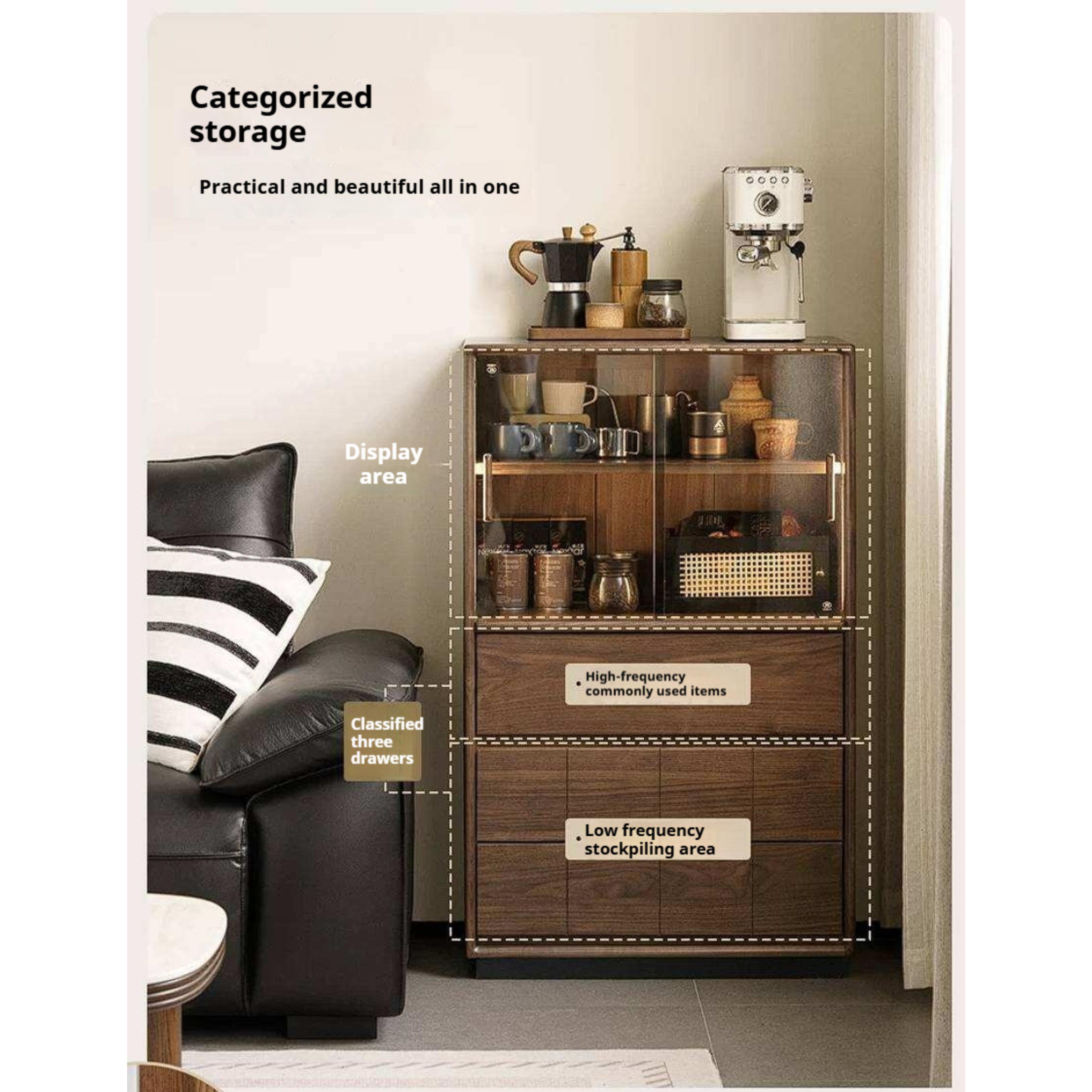 Black Walnut, Oak Solid Wood Side Cabinet with Integrated Lighting and Minimalist Design