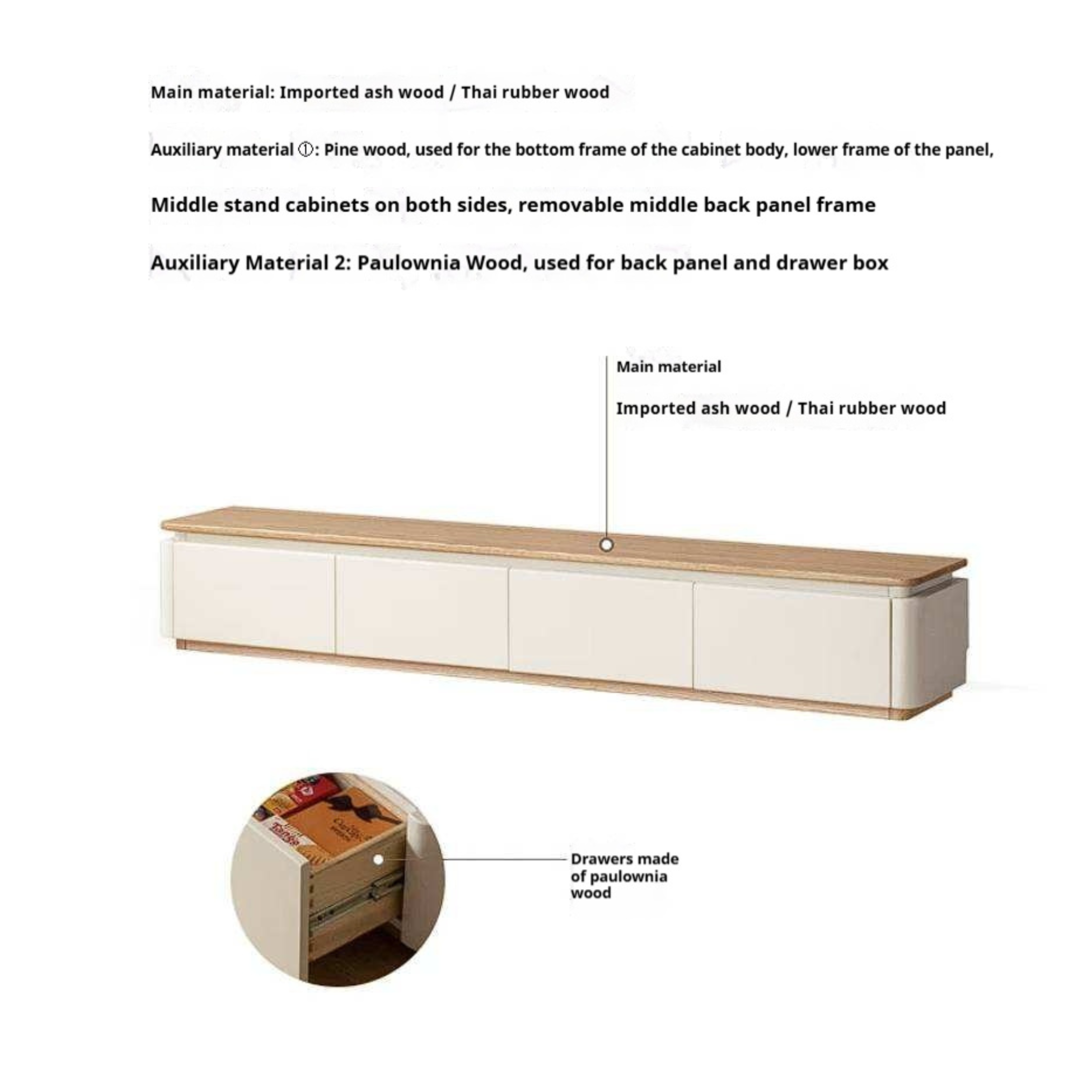 Ash Solid Wood TV Cabinet with Floor Standing Storage Design
