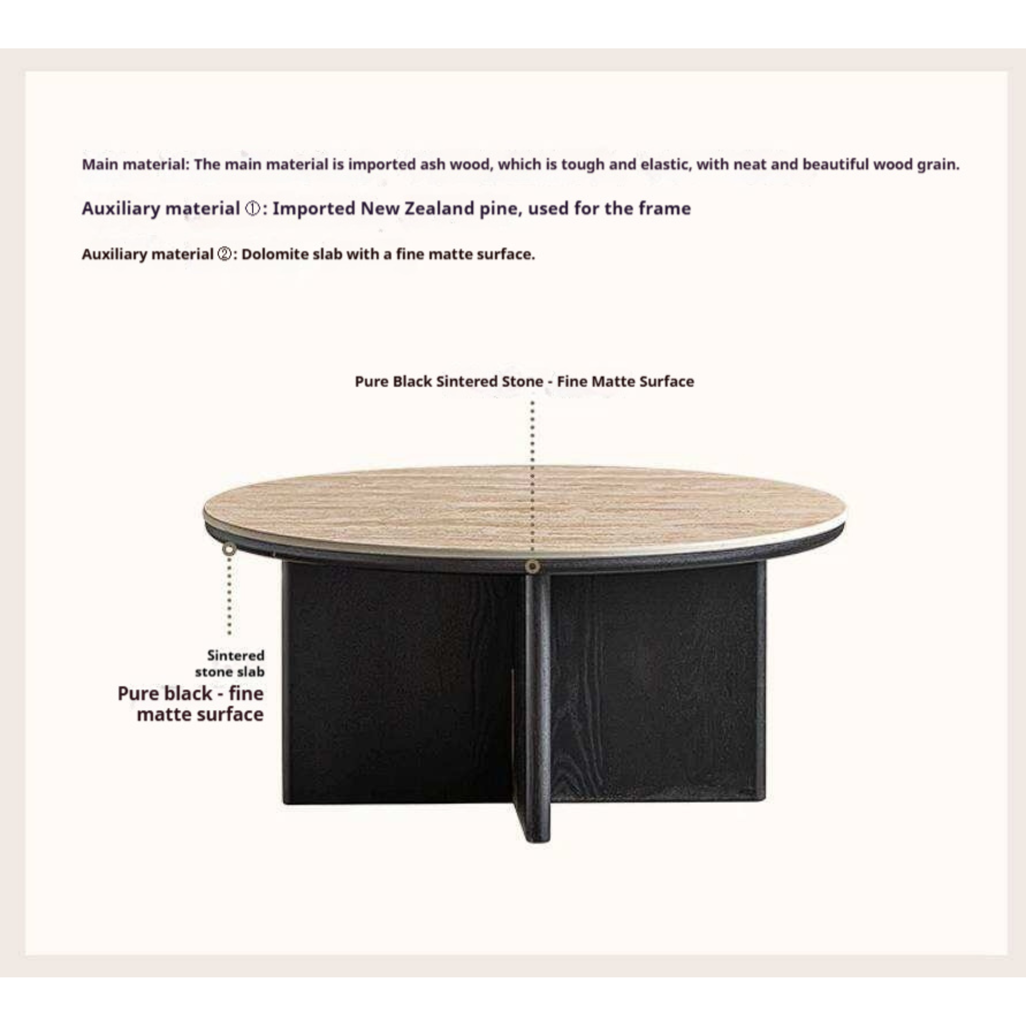 Ash Solid Wood Round Coffee Table with Slate Top and Modern Casual Design