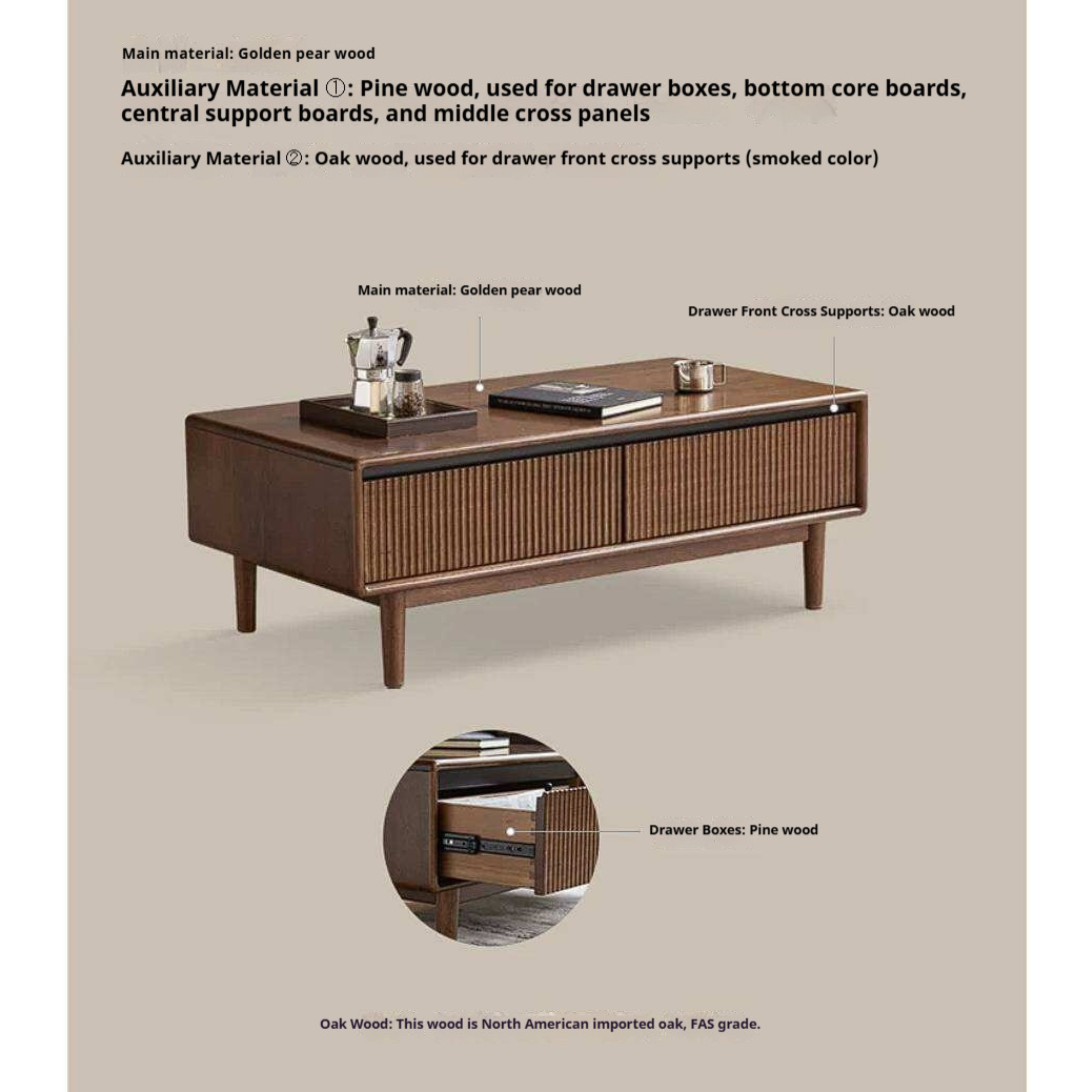 Golden Pearwood Solid Wood Rectangular Coffee Table with Modern Italian Style