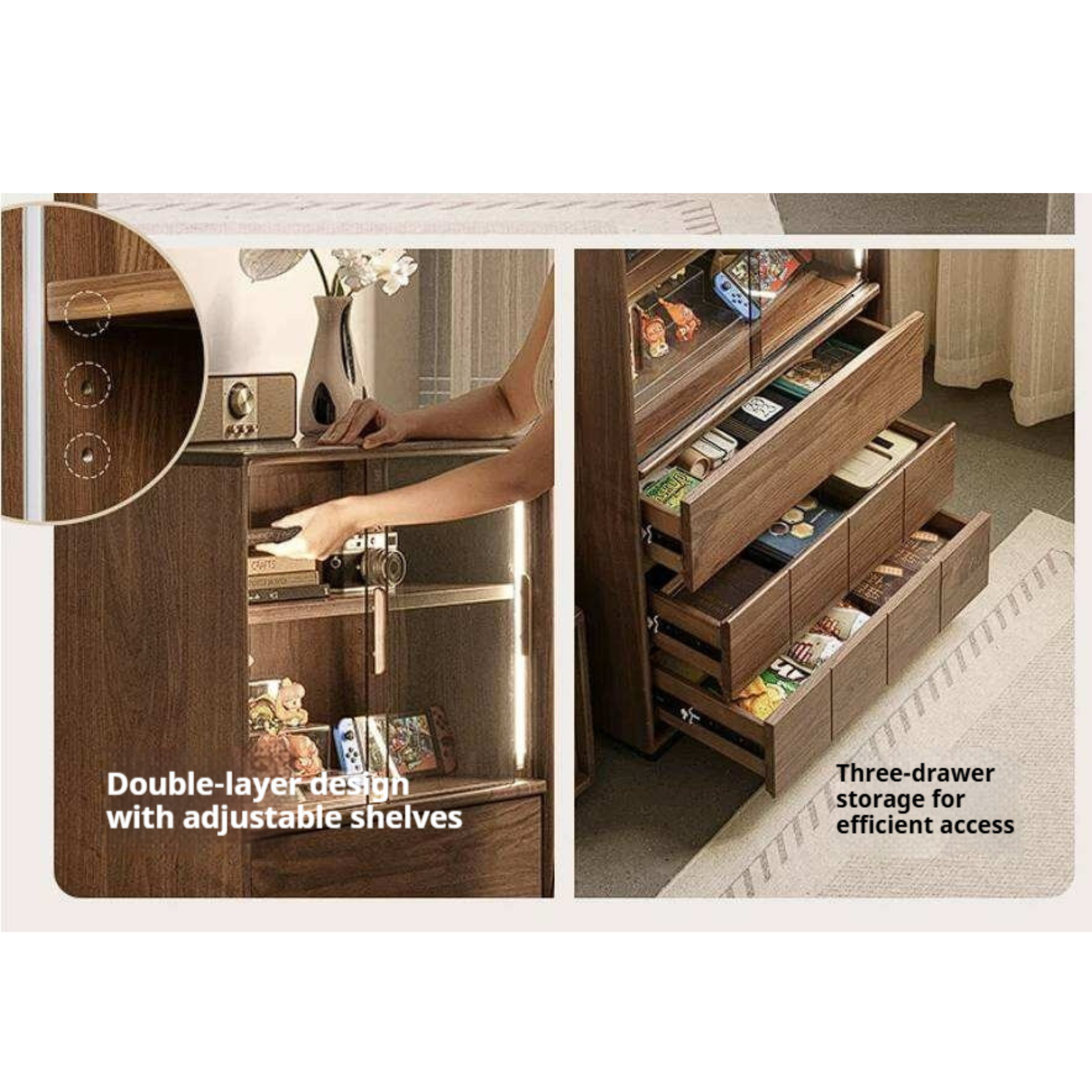 Black Walnut, Oak Solid Wood Side Cabinet with Integrated Lighting and Minimalist Design
