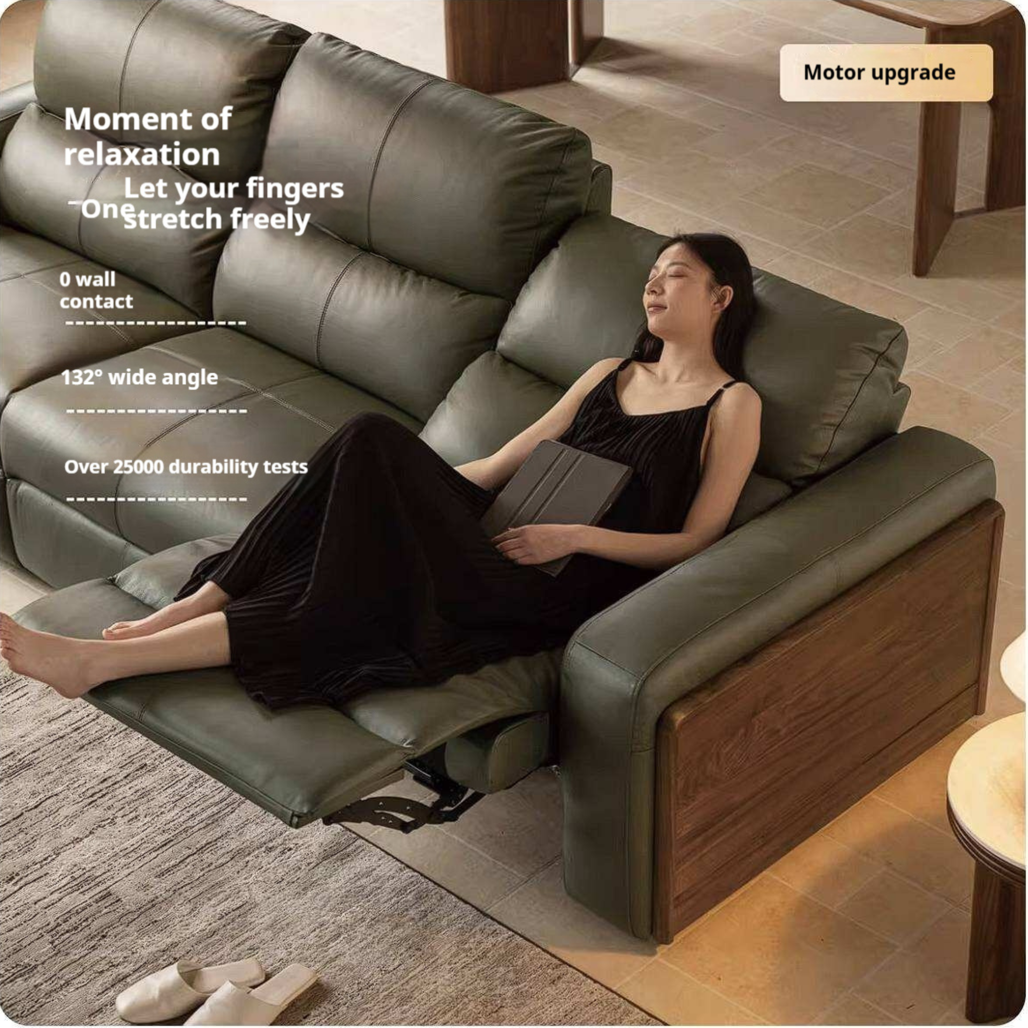 Black Walnut, Golden Sandalwood Solid Wood Top-Grain Genuine Leather Sofa Zero-Wall Recliner Design