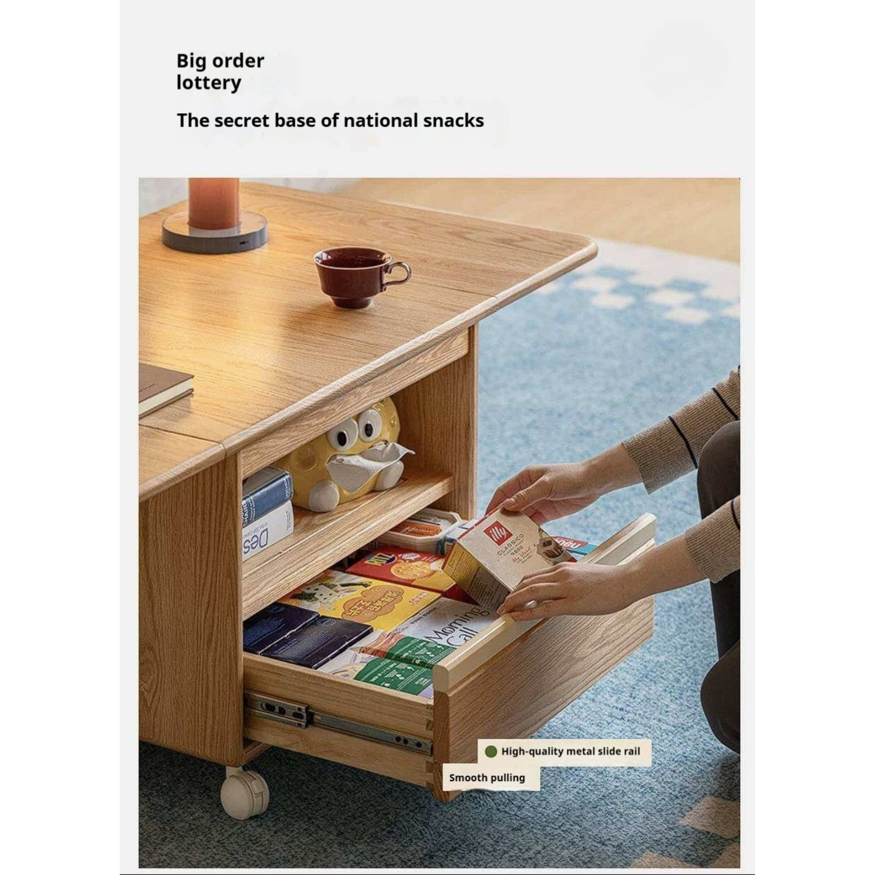 Oak Solid Wood Coffee Table with Foldable Design and Movable Base