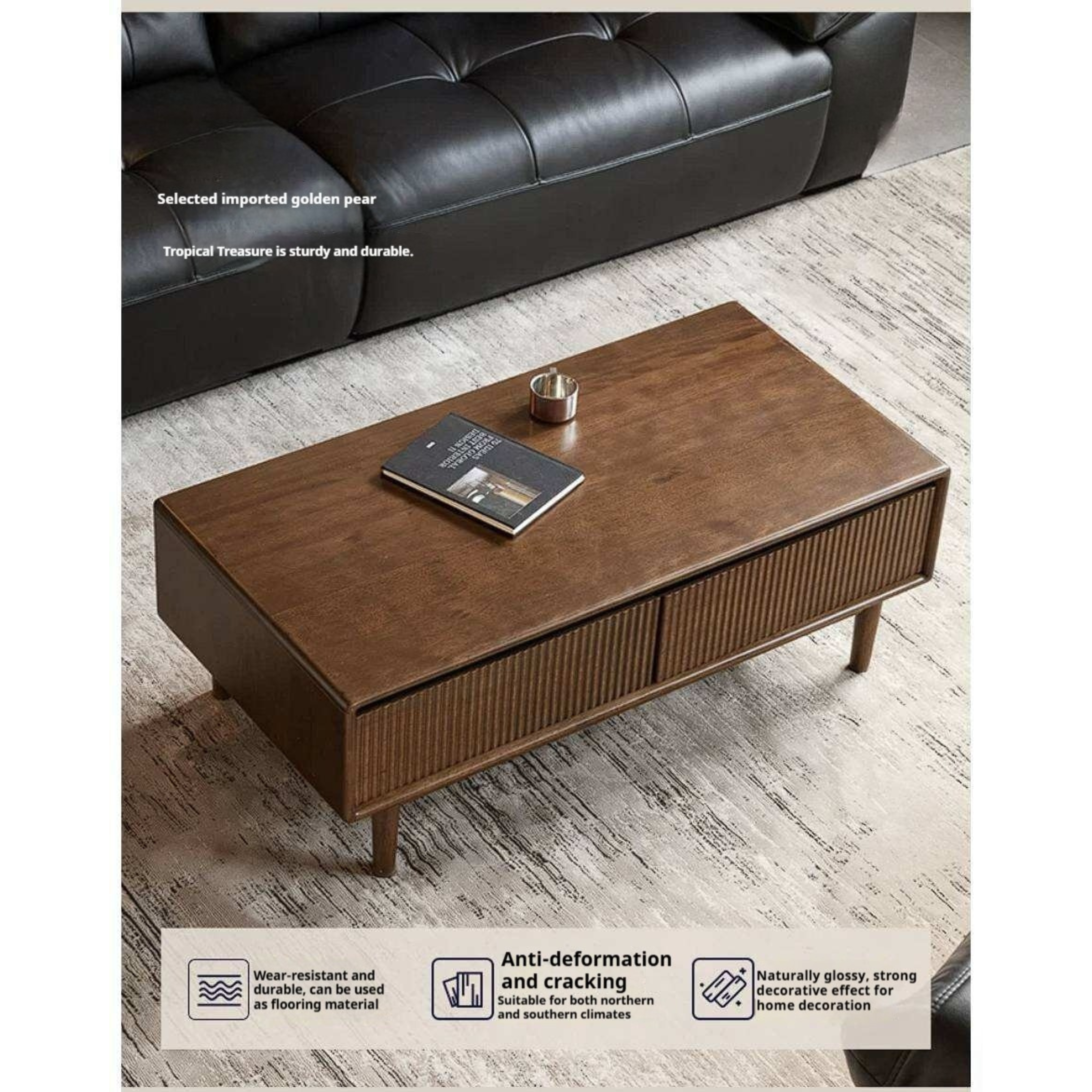 Golden Pearwood Solid Wood Rectangular Coffee Table with Modern Italian Style