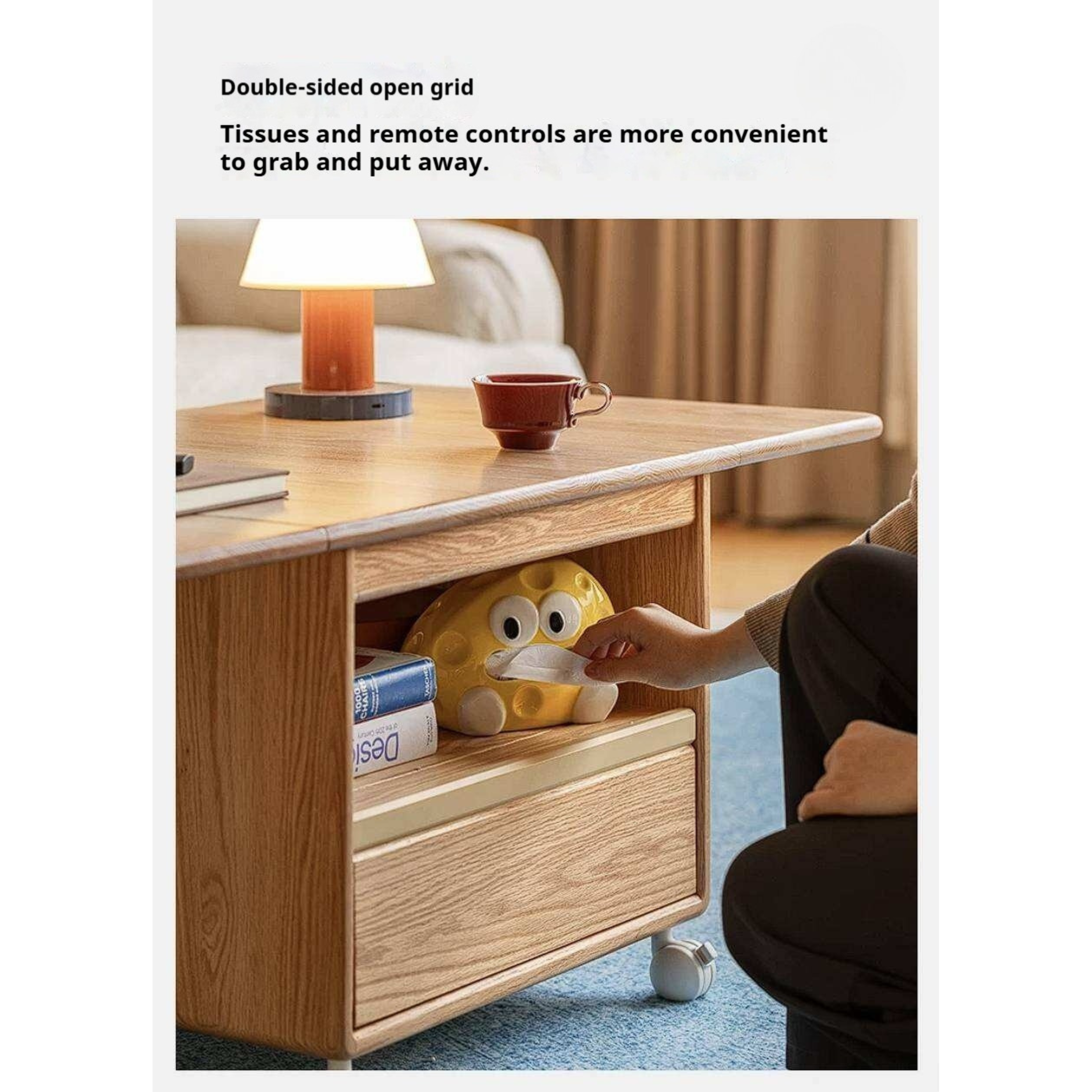 Oak Solid Wood Coffee Table with Foldable Design and Movable Base