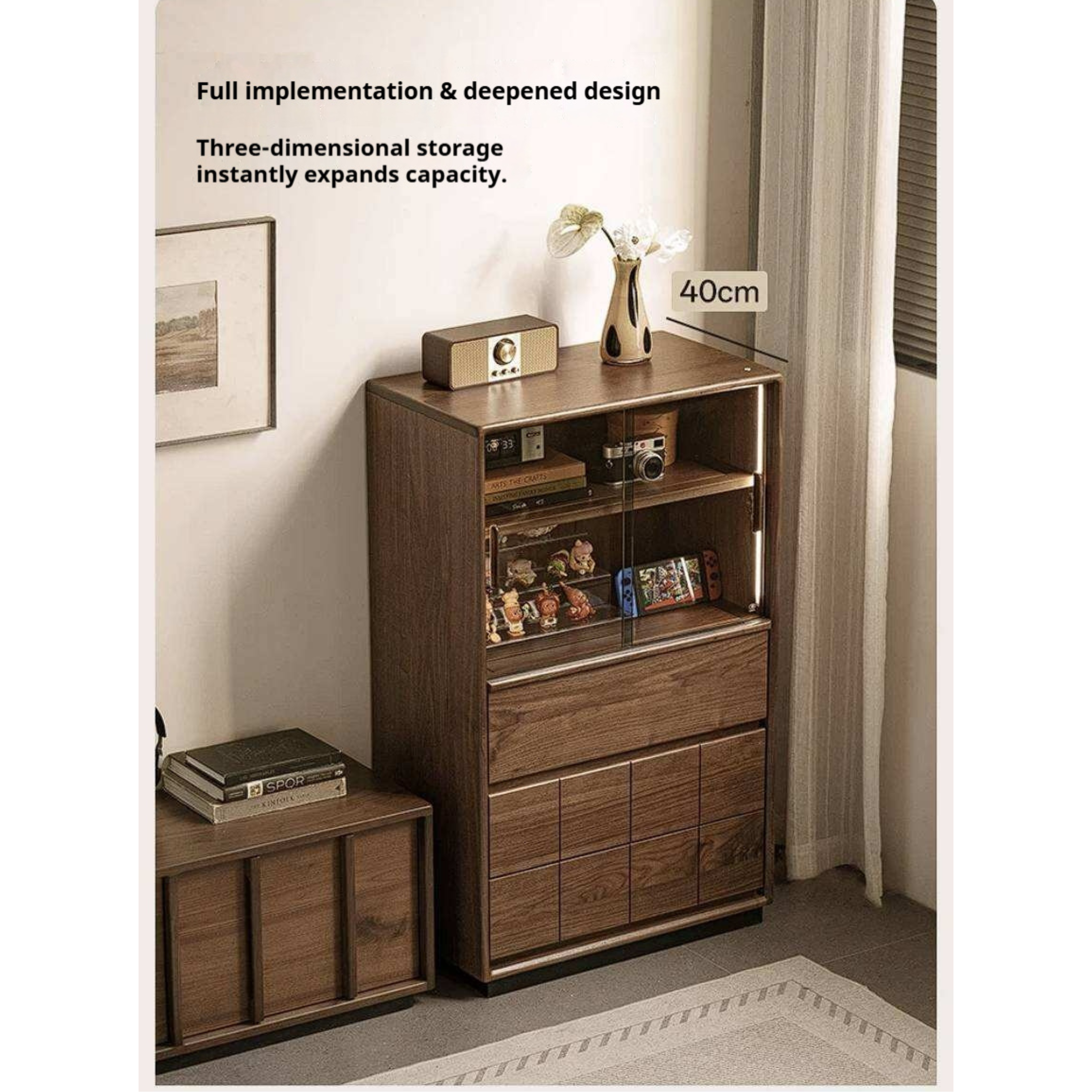 Black Walnut, Oak Solid Wood Side Cabinet with Integrated Lighting and Minimalist Design