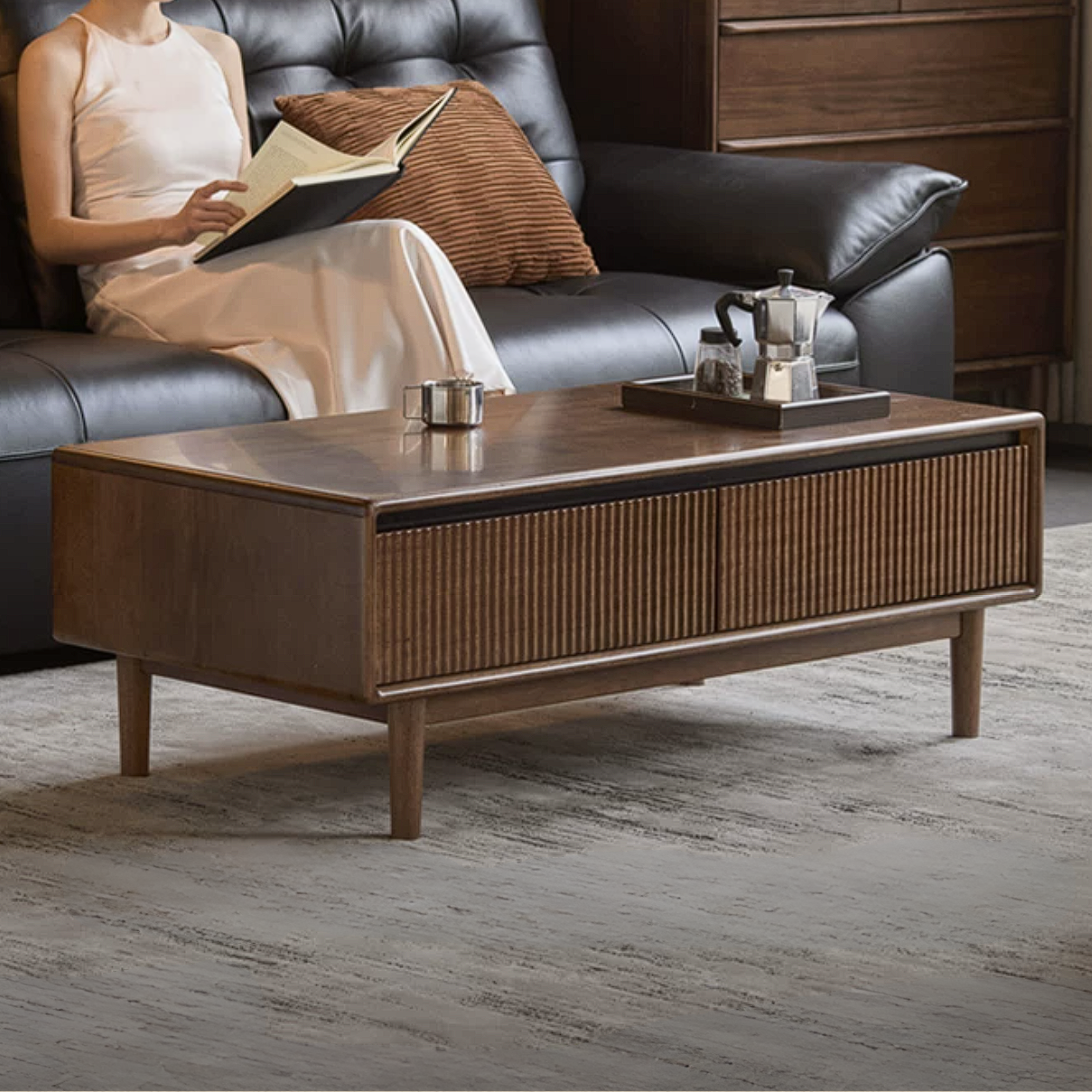 Golden Pearwood Solid Wood Rectangular Coffee Table with Modern Italian Style