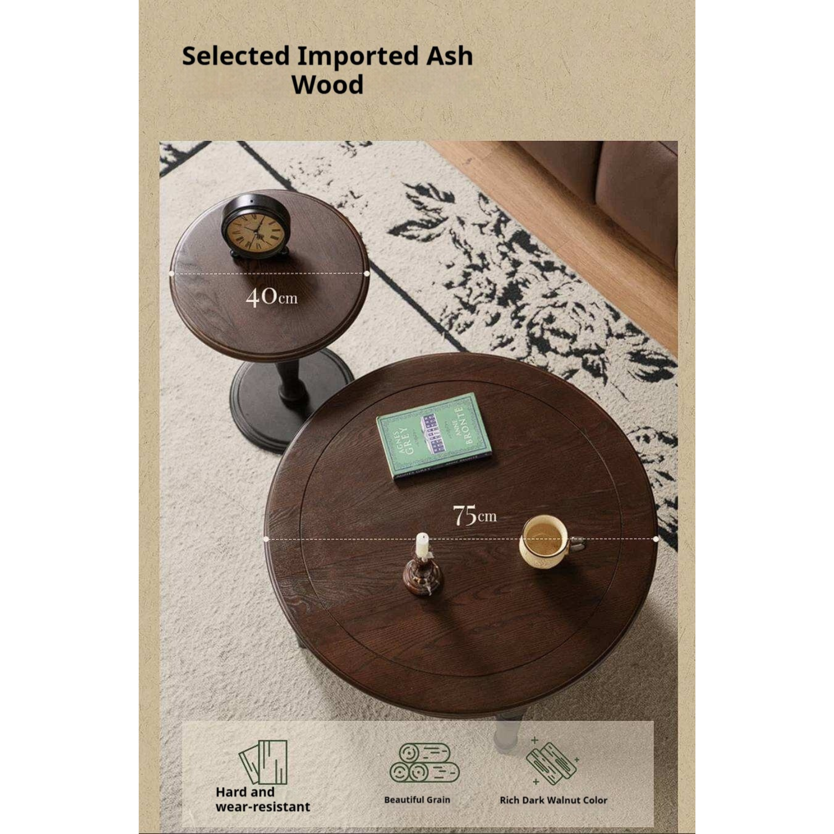 Ash Solid Wood Coffee Table with Round Design and American Style