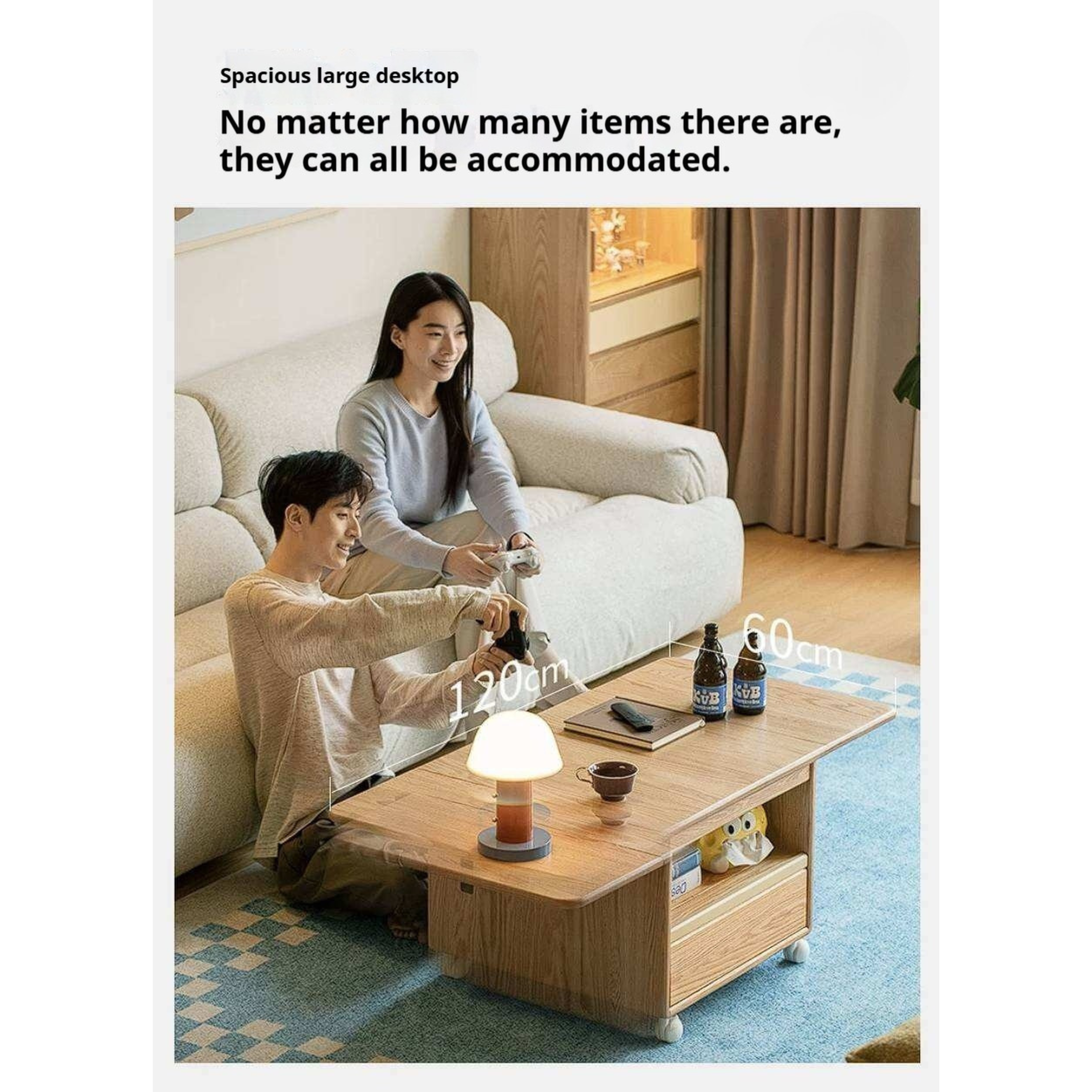 Oak Solid Wood Coffee Table with Foldable Design and Movable Base