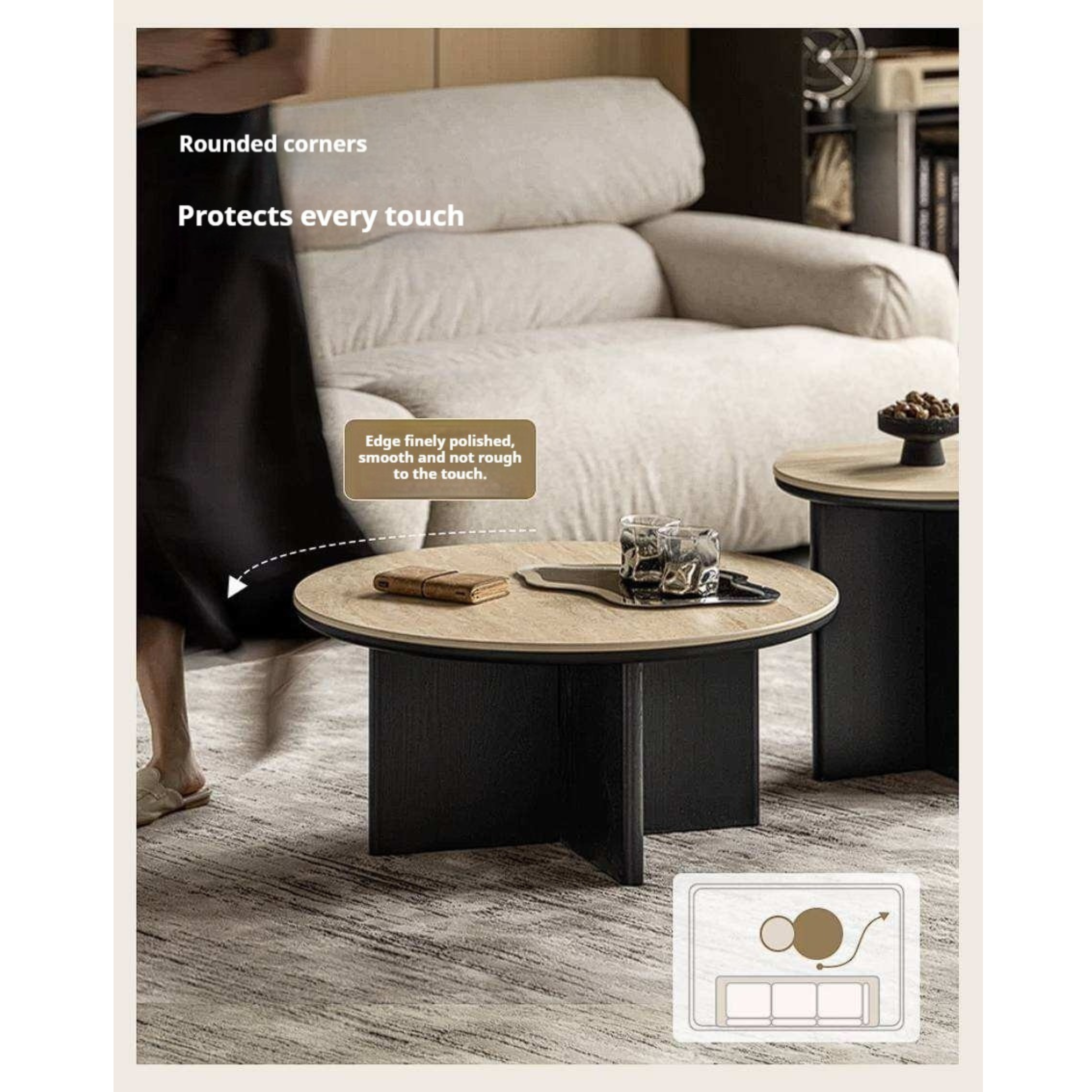 Ash Solid Wood Round Coffee Table with Slate Top and Modern Casual Design