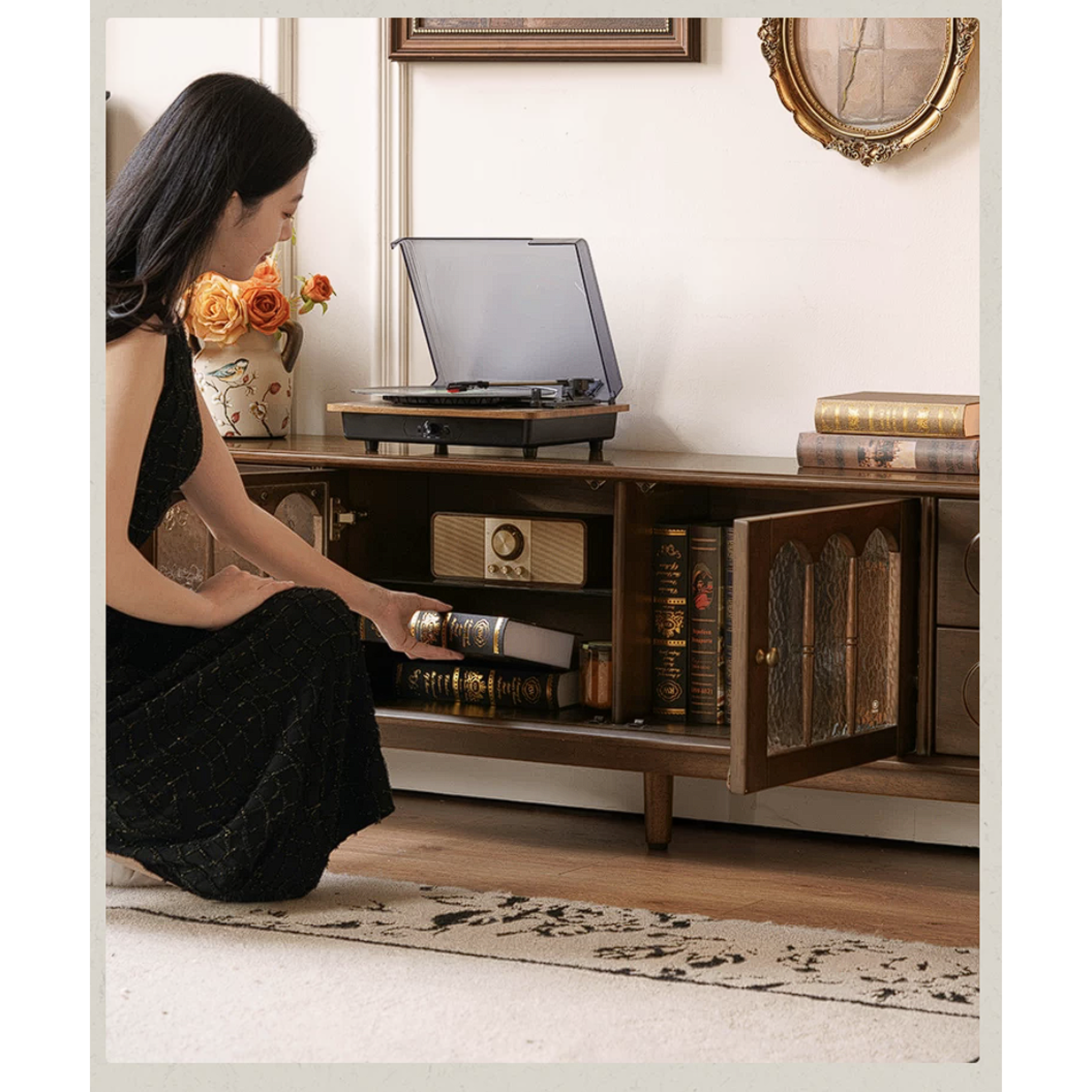 Golden Pearwood Solid Wood TV Stand French Retro Design