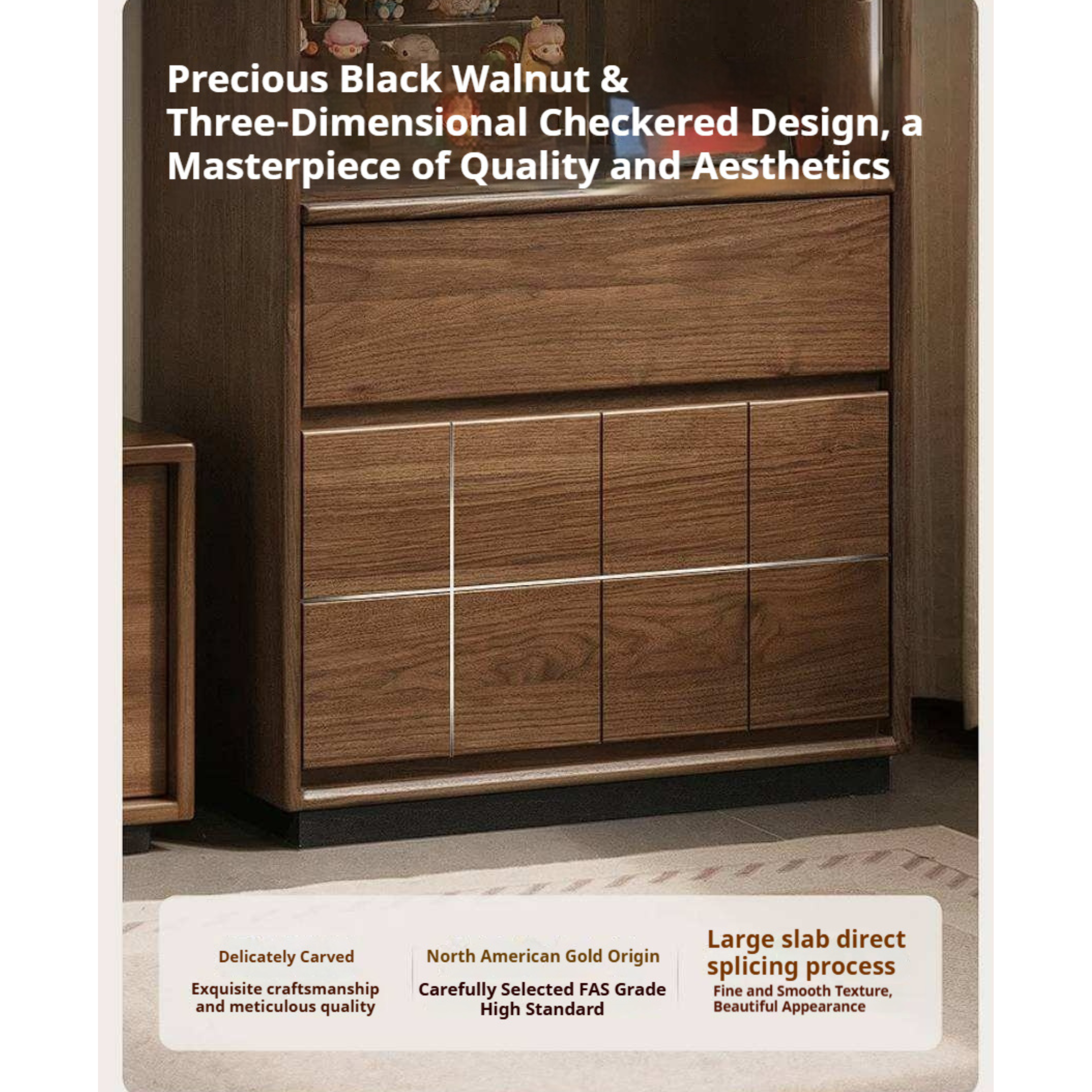 Black Walnut, Oak Solid Wood Side Cabinet with Integrated Lighting and Minimalist Design