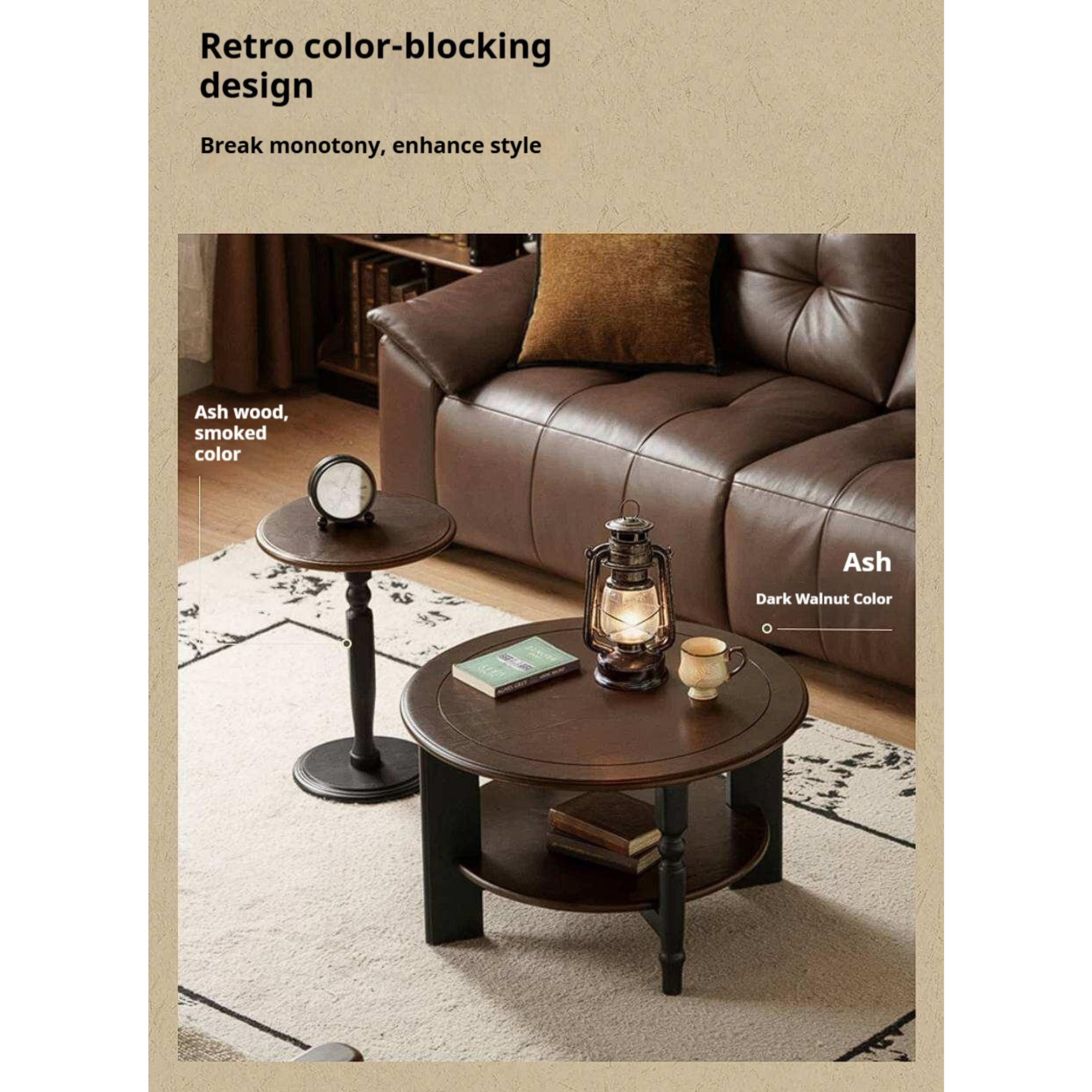 Ash Solid Wood Coffee Table with Round Design and American Style