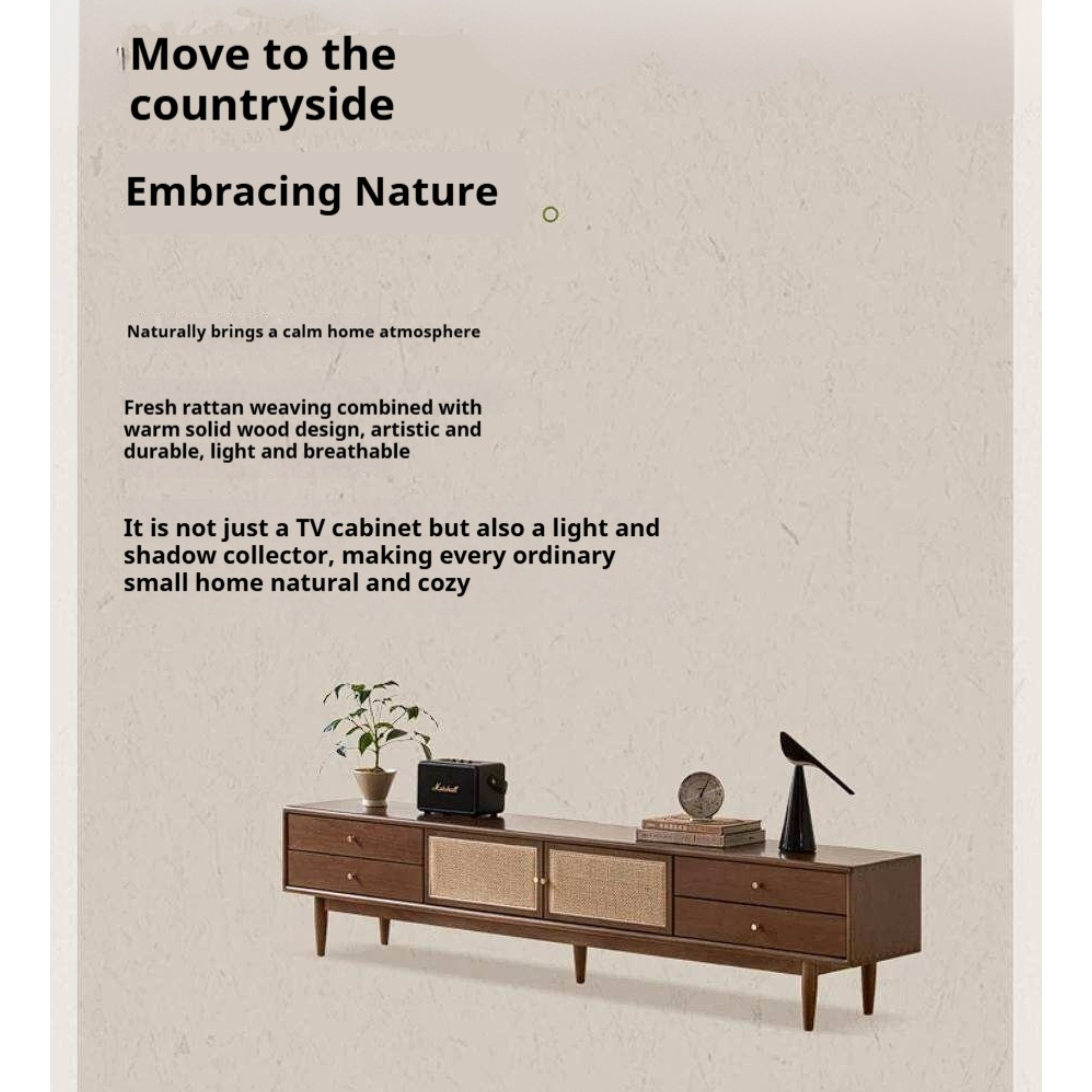 Birch Solid Wood TV Cabinet with Rattan Storage Design