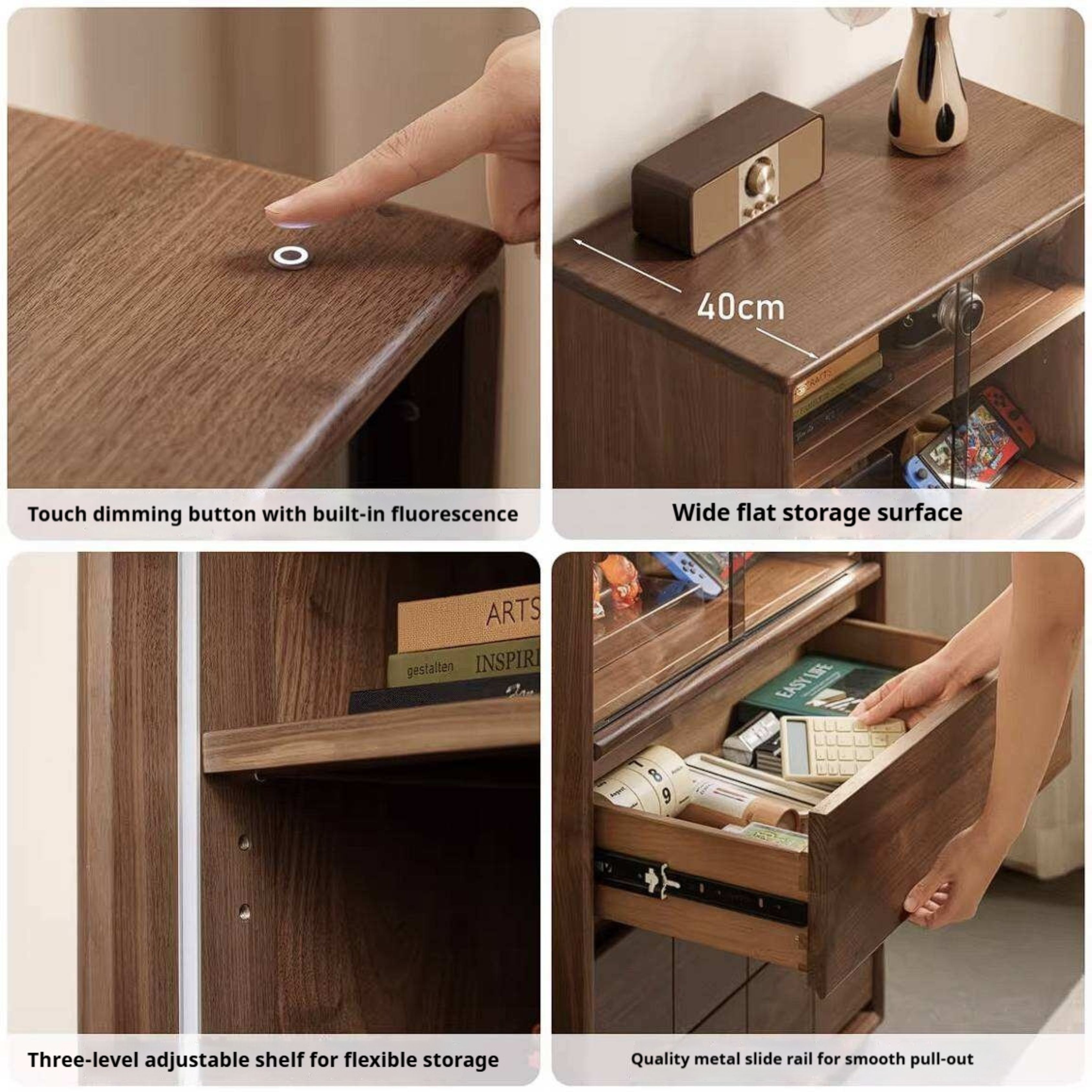 Black Walnut, Oak Solid Wood Side Cabinet with Integrated Lighting and Minimalist Design