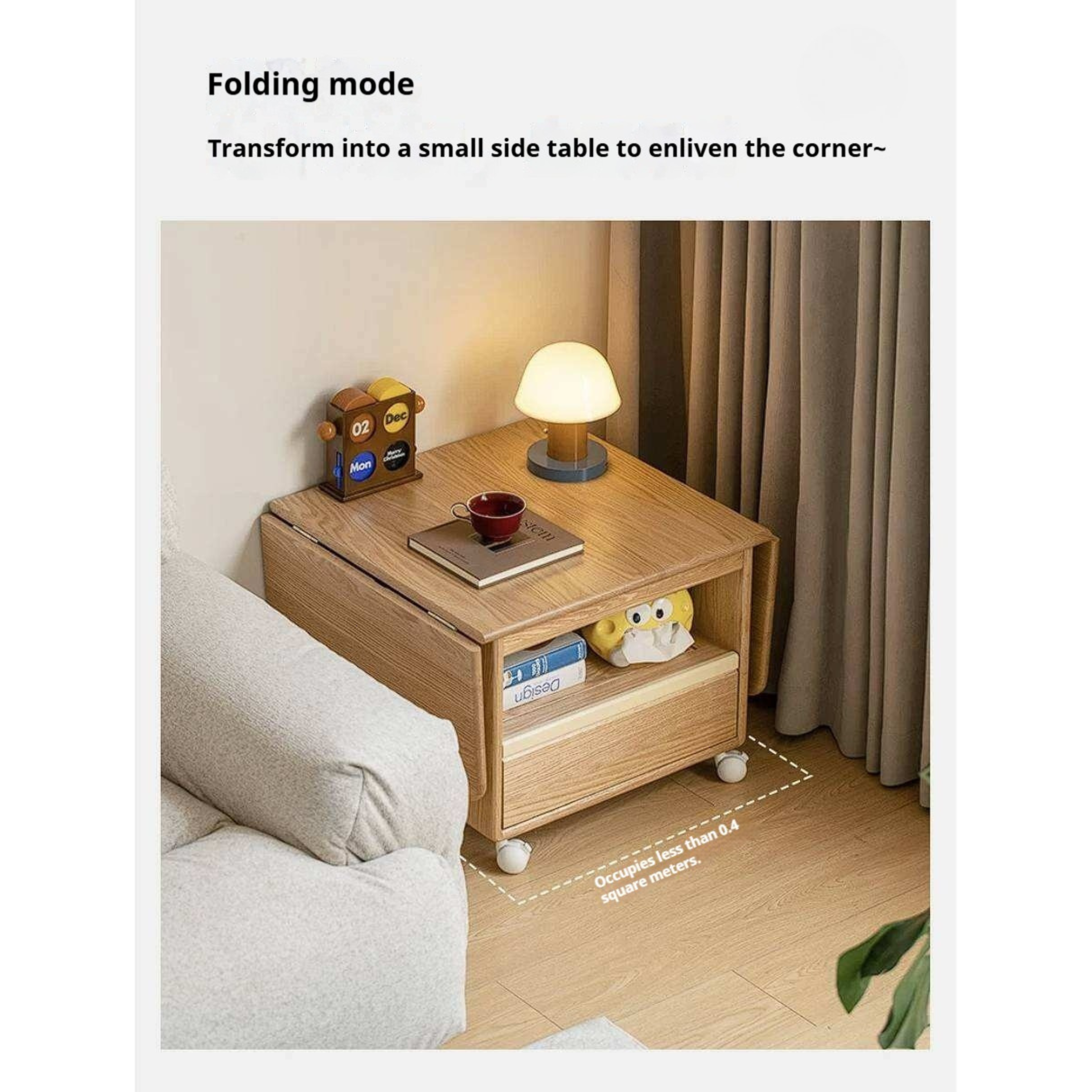 Oak Solid Wood Coffee Table with Foldable Design and Movable Base
