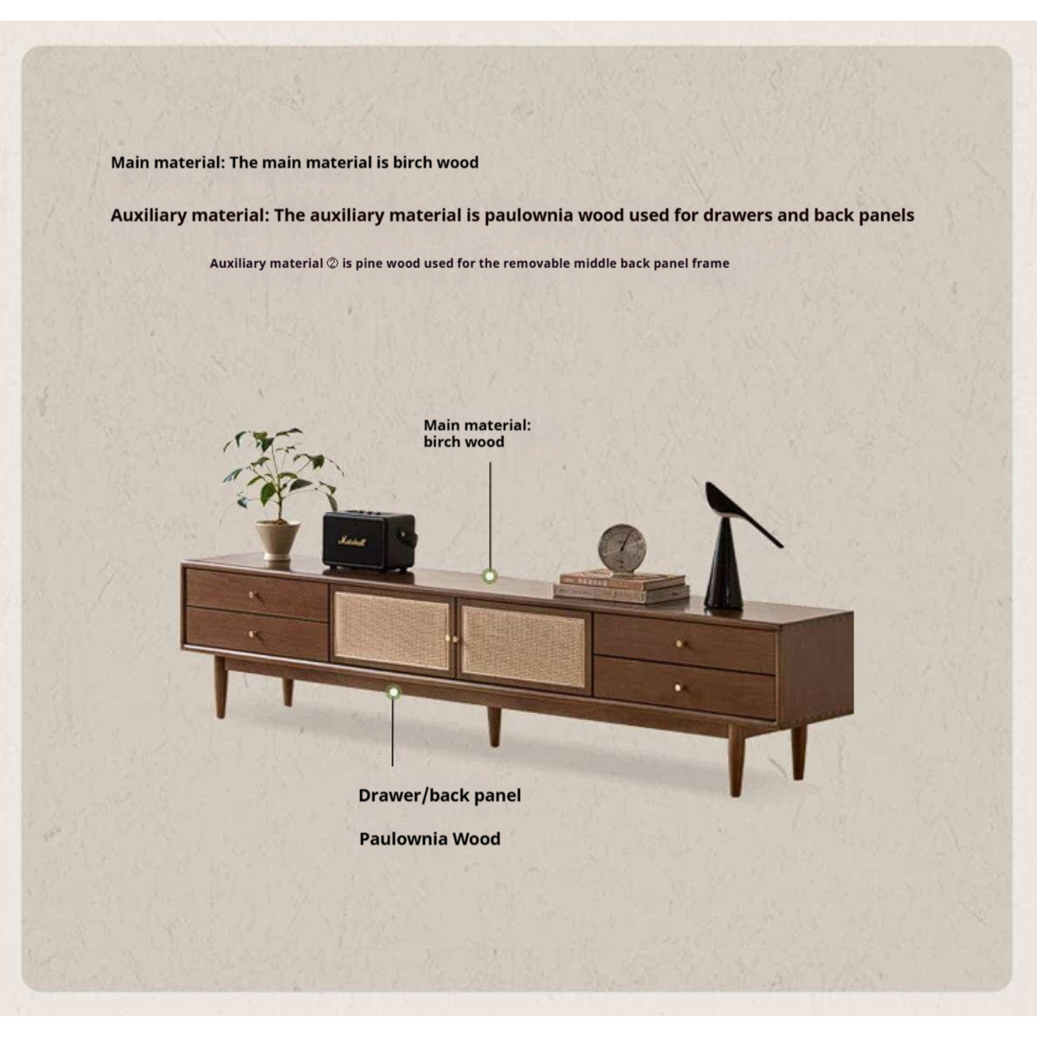 Birch Solid Wood TV Cabinet with Rattan Storage Design