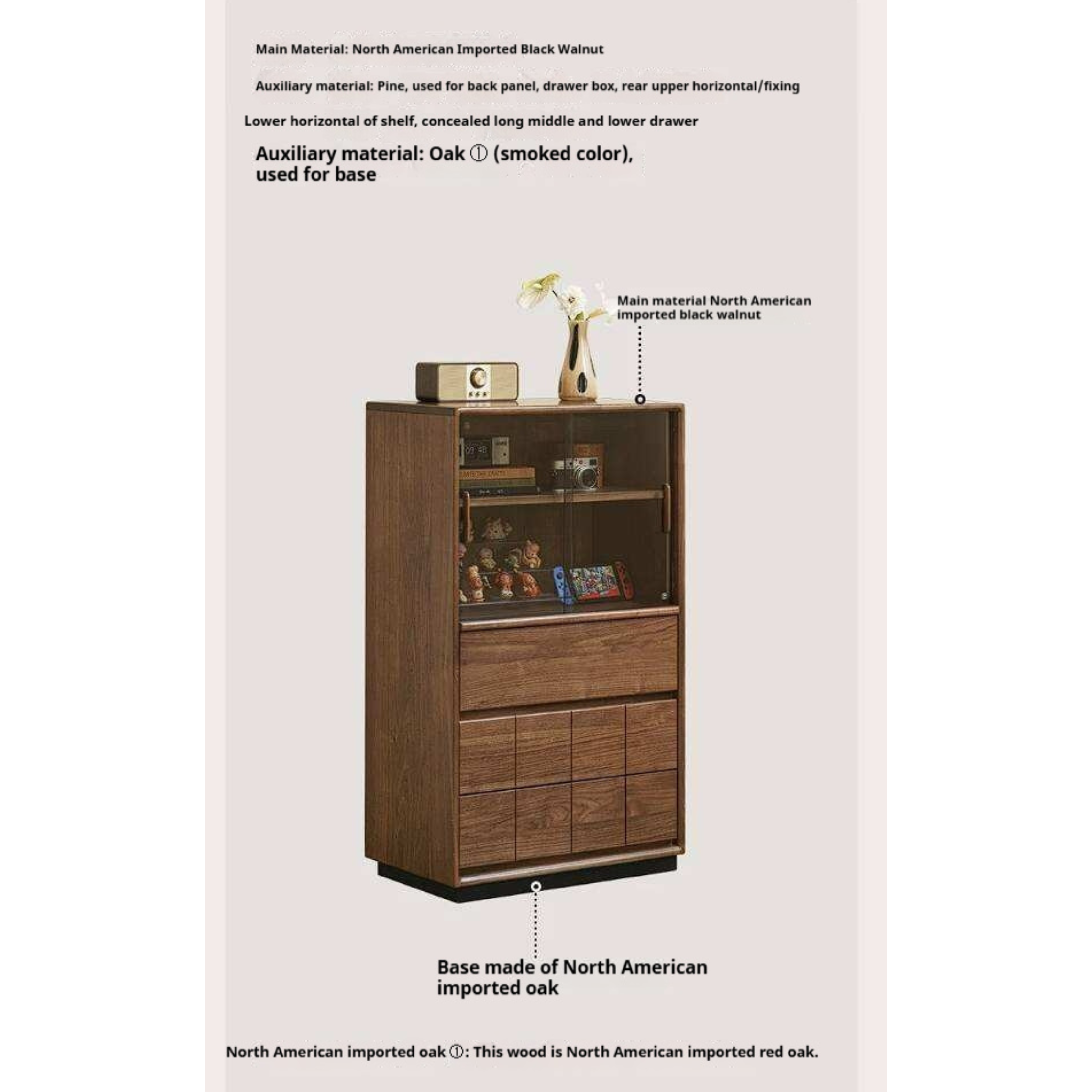Black Walnut, Oak Solid Wood Side Cabinet with Integrated Lighting and Minimalist Design