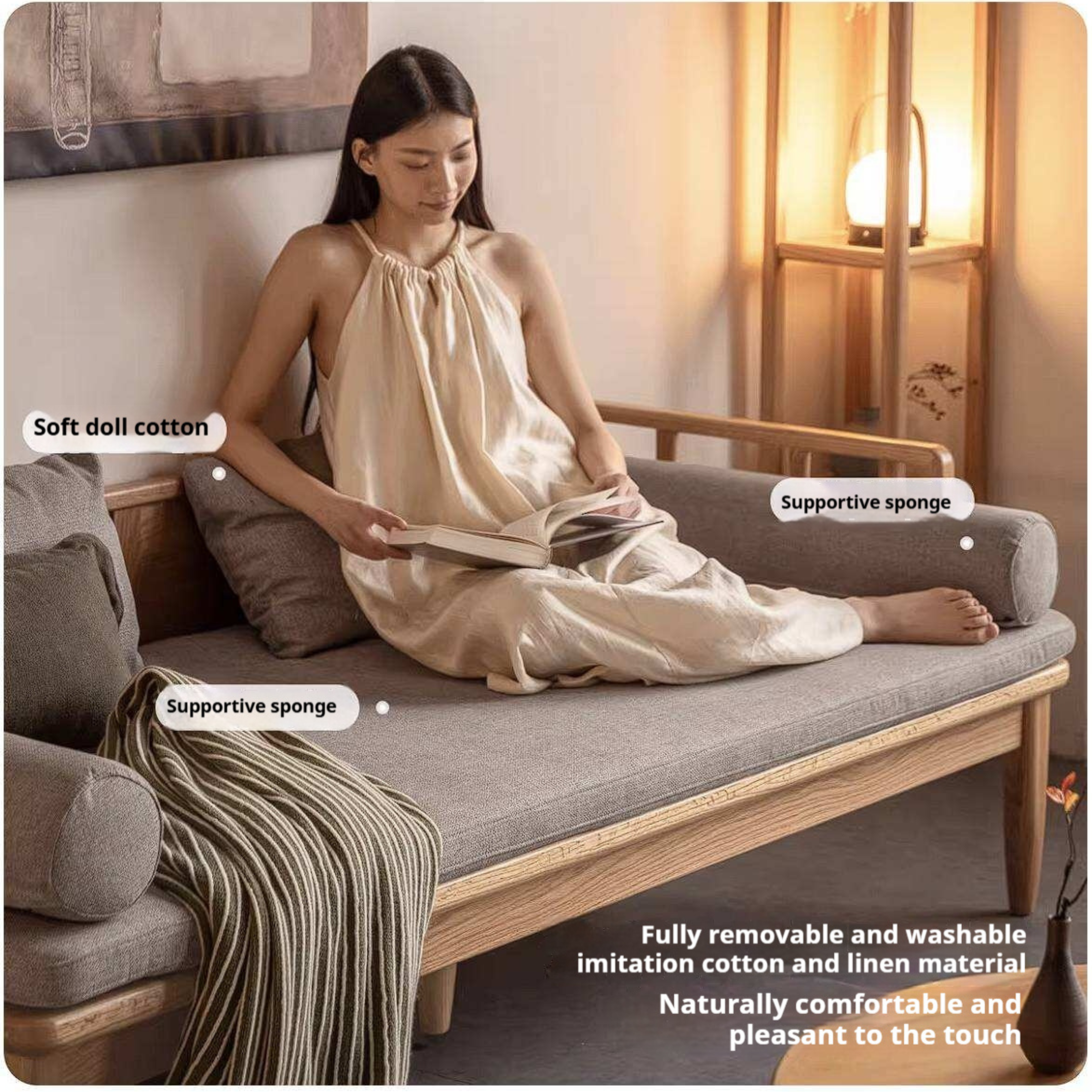 Oak Solid Wood Daybed Sofa with Removable Linen Cushions