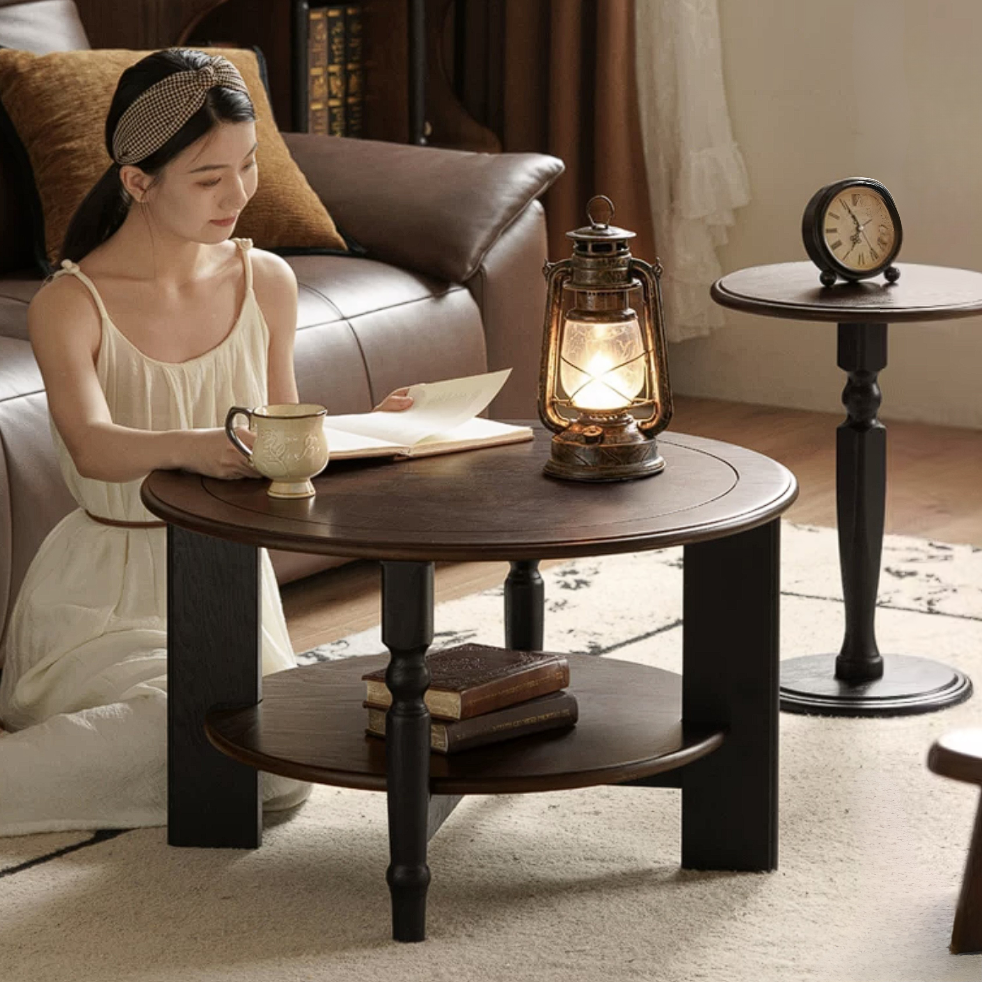 Ash Solid Wood Coffee Table with Round Design and American Style