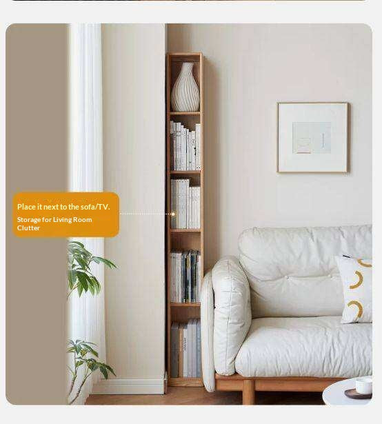 Oak, Solid Rubberwood Ultra Narrow Bookcase