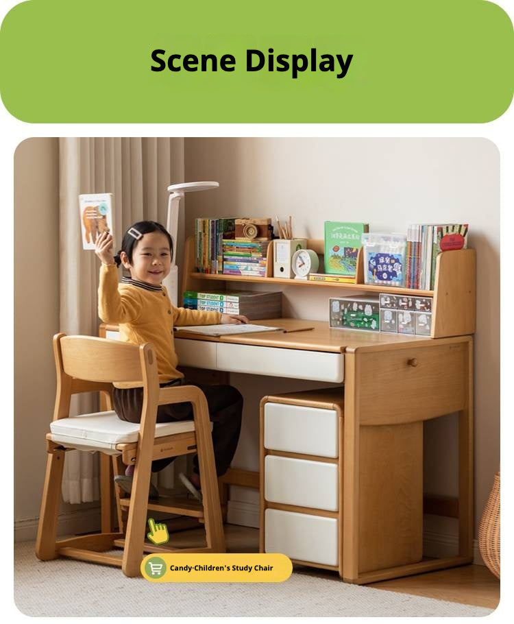 Beech Solid Wood Bookshelf Integrated Children's Desk.