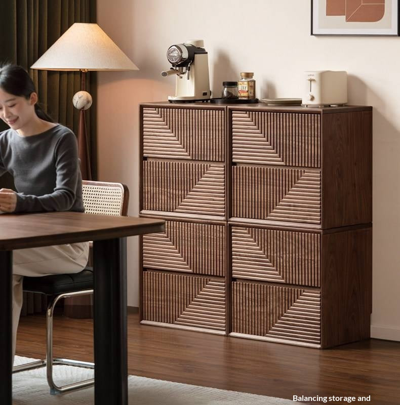 Black Walnut, Sandalwood Solid Wood Modular Storage Cabinet, Mid Century Dresser with Geometric Front Design