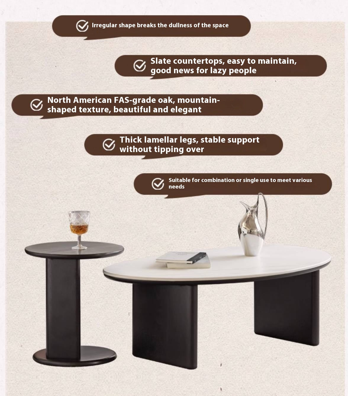 Oak, Ash Solid Wood Rock Slab Coffee Table Combination