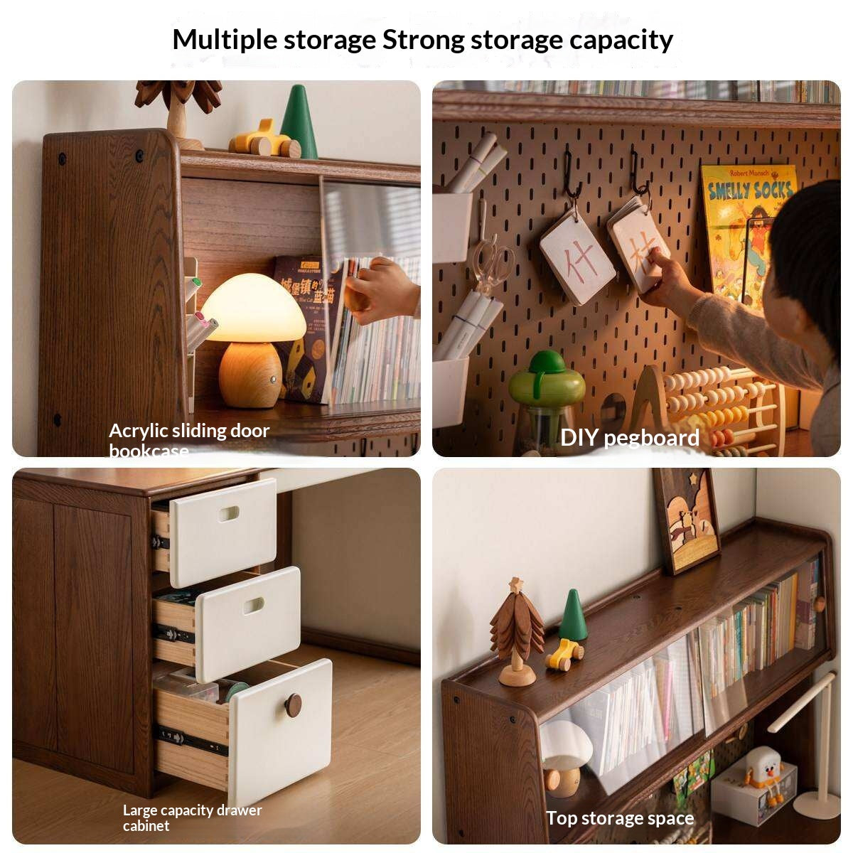 Oak Solid Wood Retro Style Kids Study Desk with Integrated Bookshelf