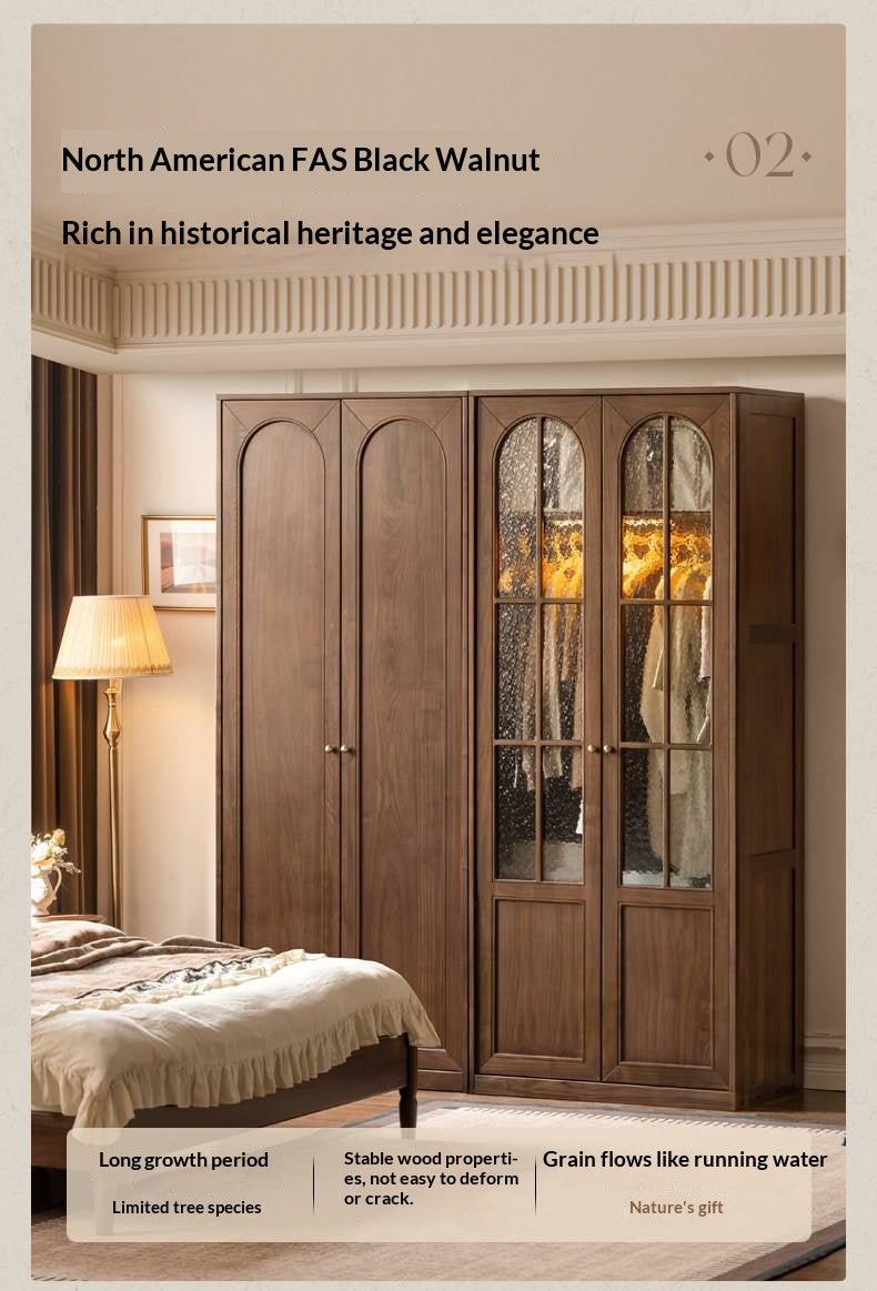 Black Walnut Solid Wood Wardrobe with French Retro Style and Double Doors