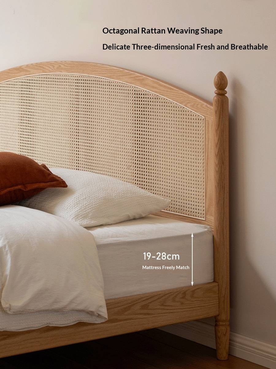 Oak Solid Wood Bed — Light Retro Style with Rattan Design