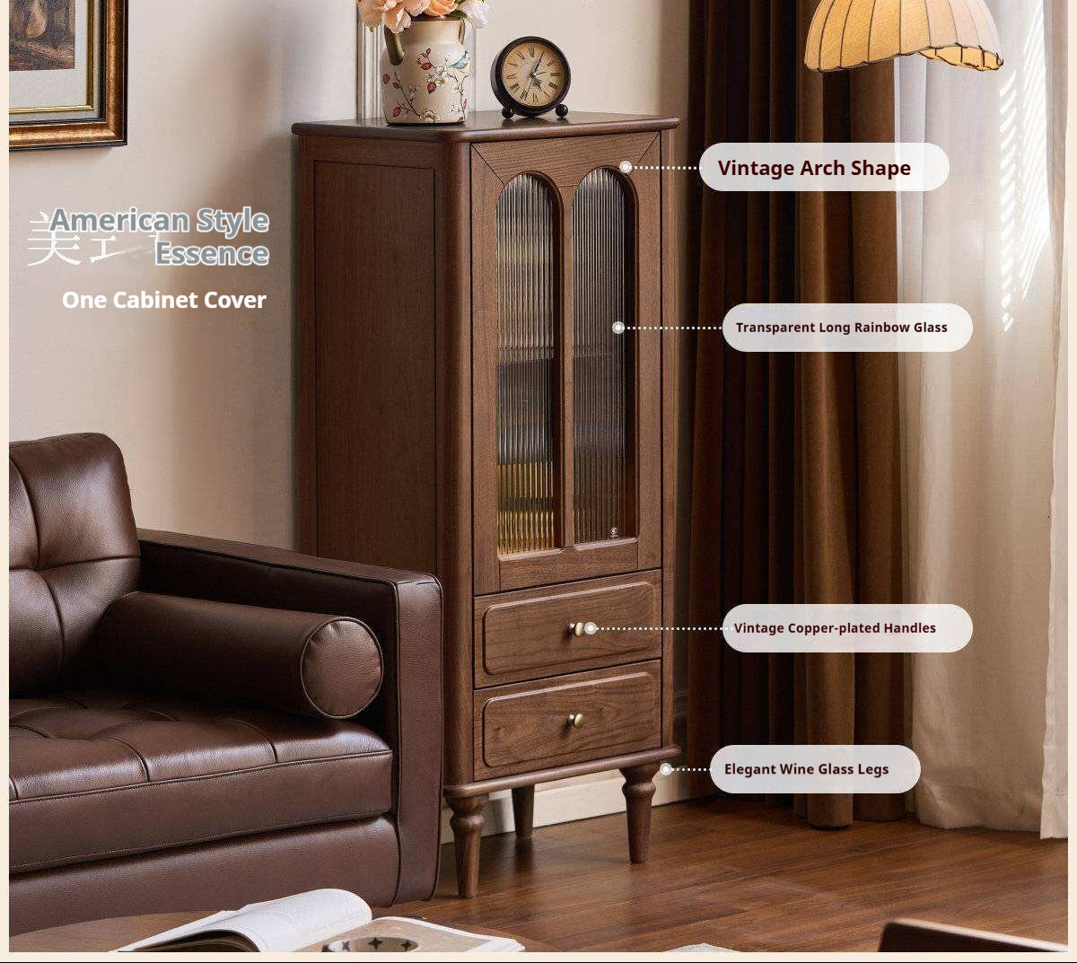 Black Walnut Solid Wood Side Cabinet with Glass Display