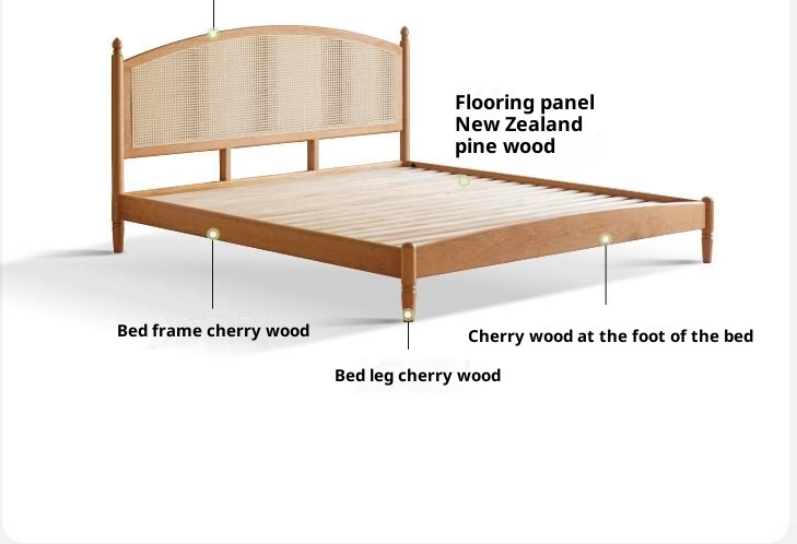 Cherry Solid Wood Rattan Bed Retro