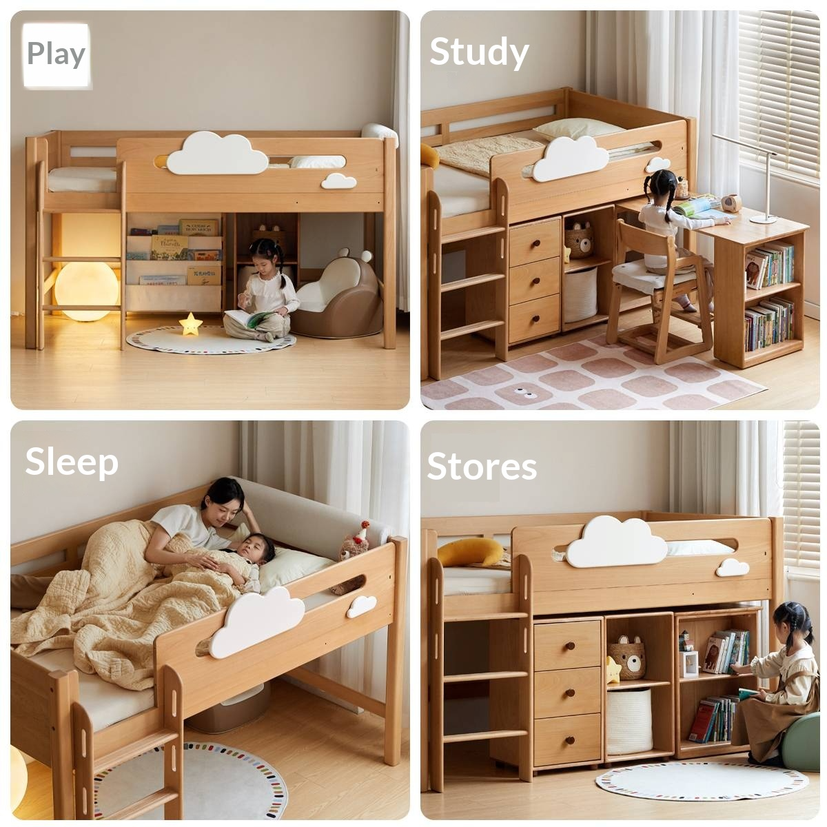 Beech Solid Wood Children's Loft Bed with Under-Table and Storage