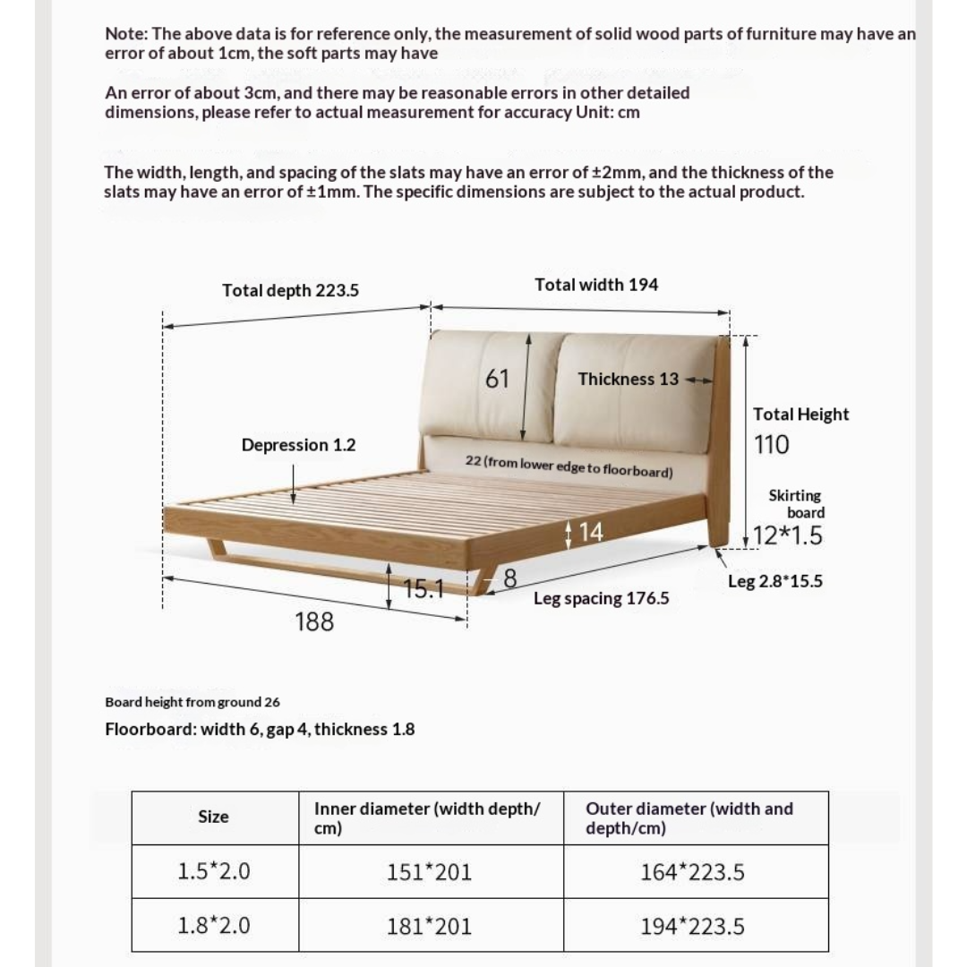 Oak Solid Wood Bed — Italian Light Luxury with White Genuine Leather and Soft Backrest