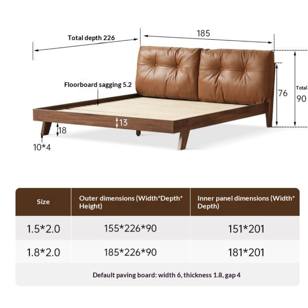 Black Walnut Solid Wood Bed with Top Genuine Leather Upholstery and Nordic High Headboard