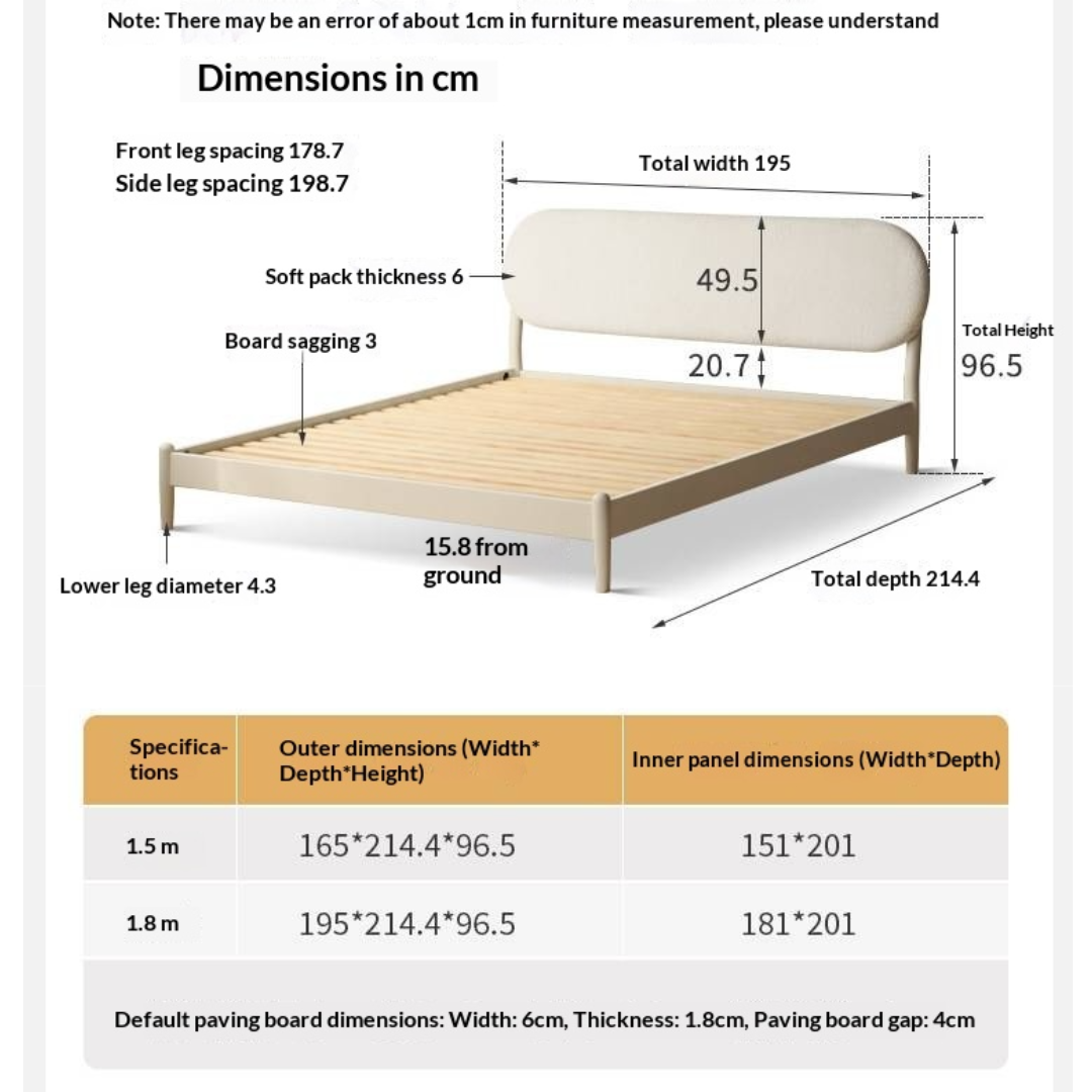 Poplar Solid Wood Bed — Upholstered with Fabric, Creamy Lambswool Soft Backrest