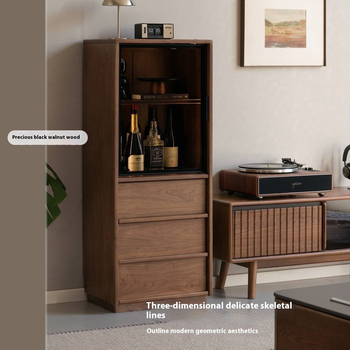 Black Walnut, Ash Solid Wood Side Cabinet With Light Display