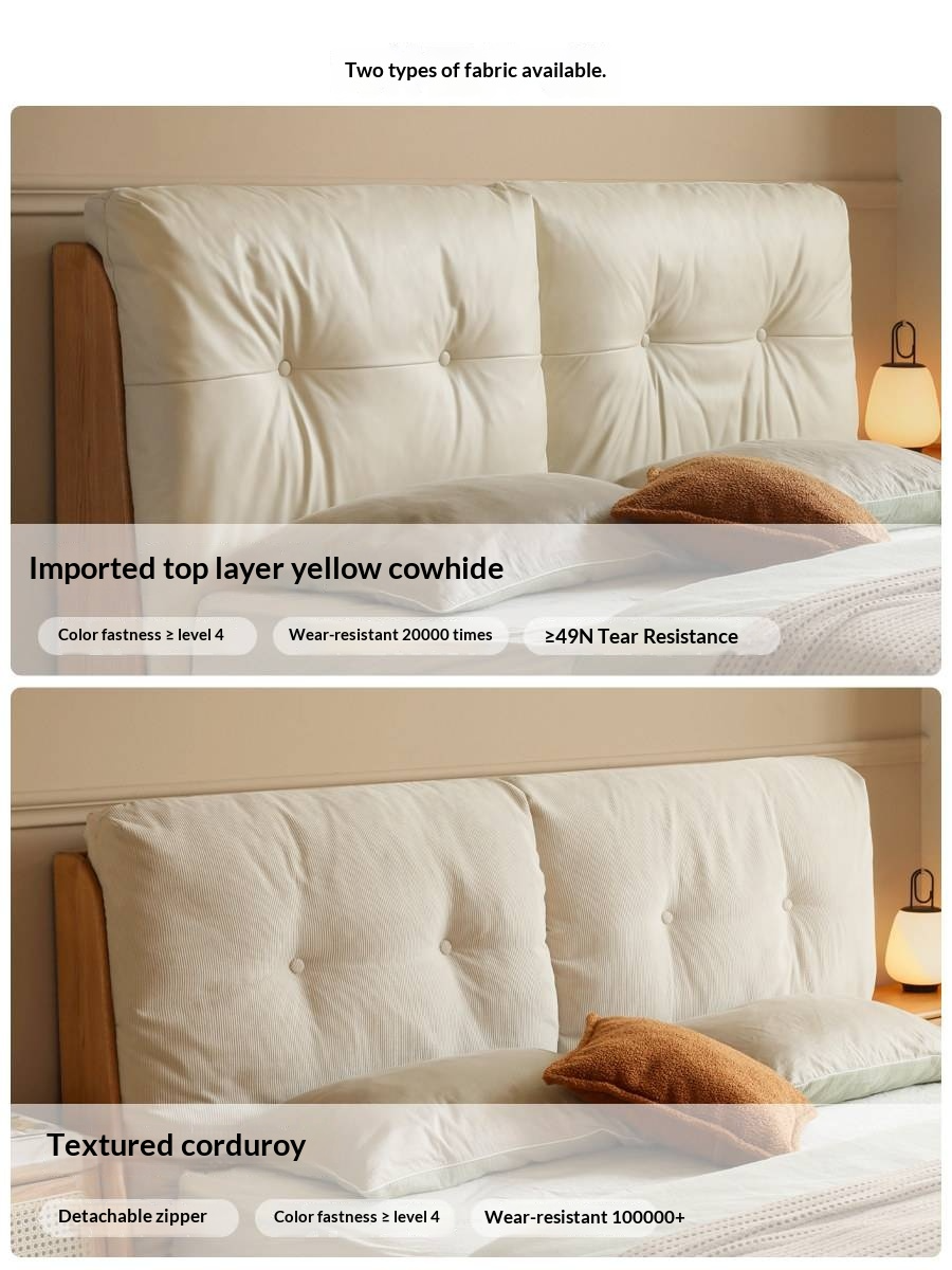 Oak Solid Wood Bed — Modern Minimalist, Genuine Leather Upholstered, Floating Design with Light