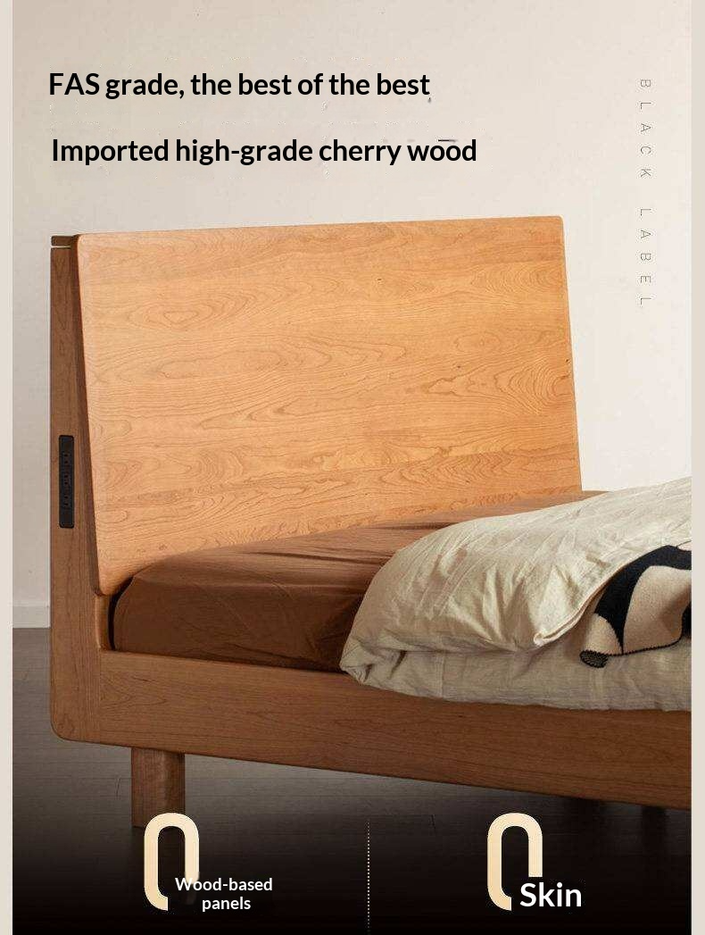 Cherry Solid Wood Bed Modern Minimalist Luminous Bed
