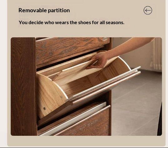 Oak Solid Wood Modern Shoe Cabinet with Flip Drawers and Open Shelf