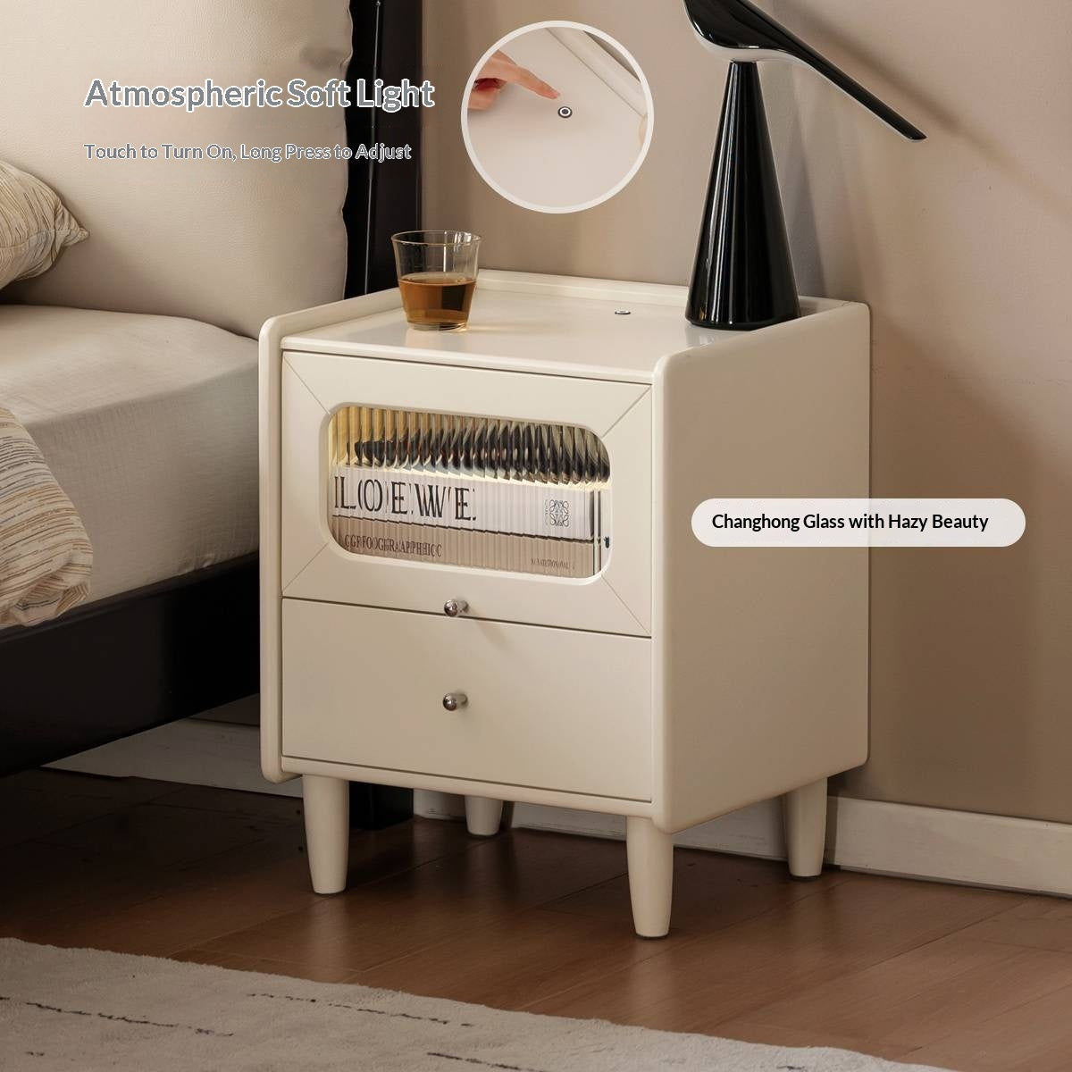 Solid Rubberwood Modern Cream Style Nightstand
