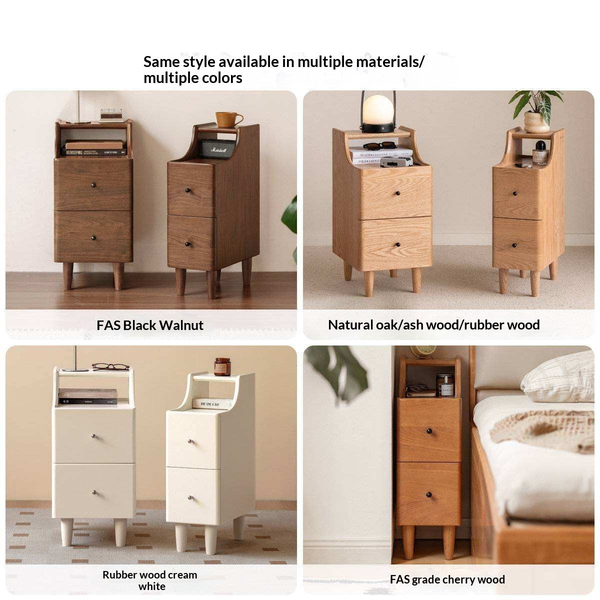 Solid RubberWood Ultra-Narrow Nightstand Storage Cabinet
