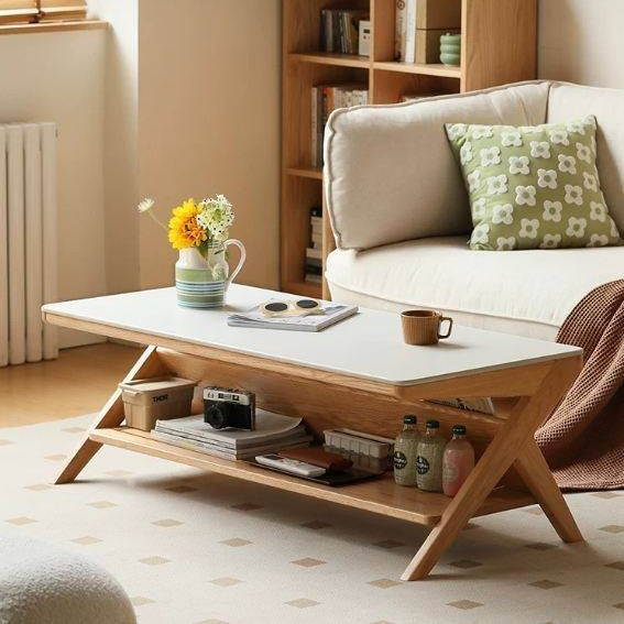 Oak Solid Wood X-Leg Coffee Table with Sintered Stone Top and Open Shelf