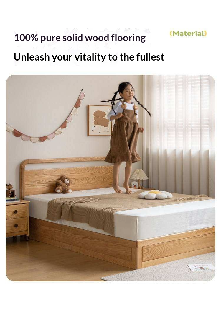 Oak, Rubberwood Solid Wood Storage Bed with Adjustable Height and Gas Lift
